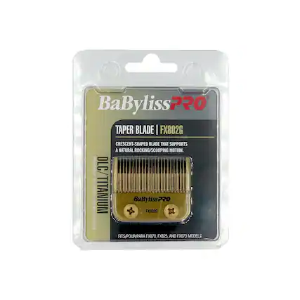 BaBylissPRO TAPER BLADE | FX802G
CRESCENT-SHAPED BLADE THAT SUPPORTS A NATURAL ROCKING/SCOOPING MOTION.
HYPOALLERGENIC DLC HGH 300 BLADE STRENGTH DLC/TITANIUM
BaByliss7?0 FXB020
PRO TEMPERATURE
FITS/POUR/PARA FX870, FX825, AND FX673 MODELS