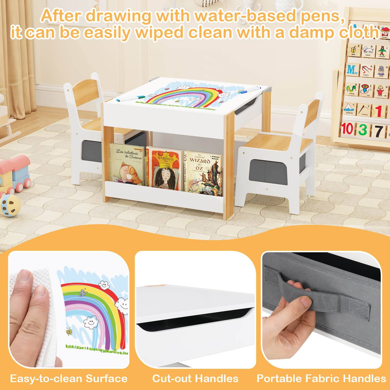 After drawing with water-based pens, it can be easily wiped clean with a damp cloth. The image features a table with two chairs, a bookshelf, and a rainbow-themed tablecloth. The table is designed to be easy to clean, with cut-out handles and portable fabric handles for added convenience.