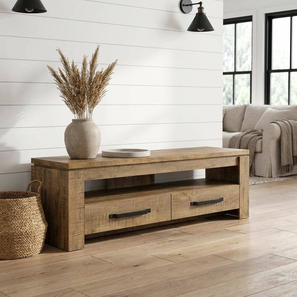 Alt View 1. FurniFact - TV stand, 2 drawers, engineered wood, rubberwood solids & walnut veneers - Green.