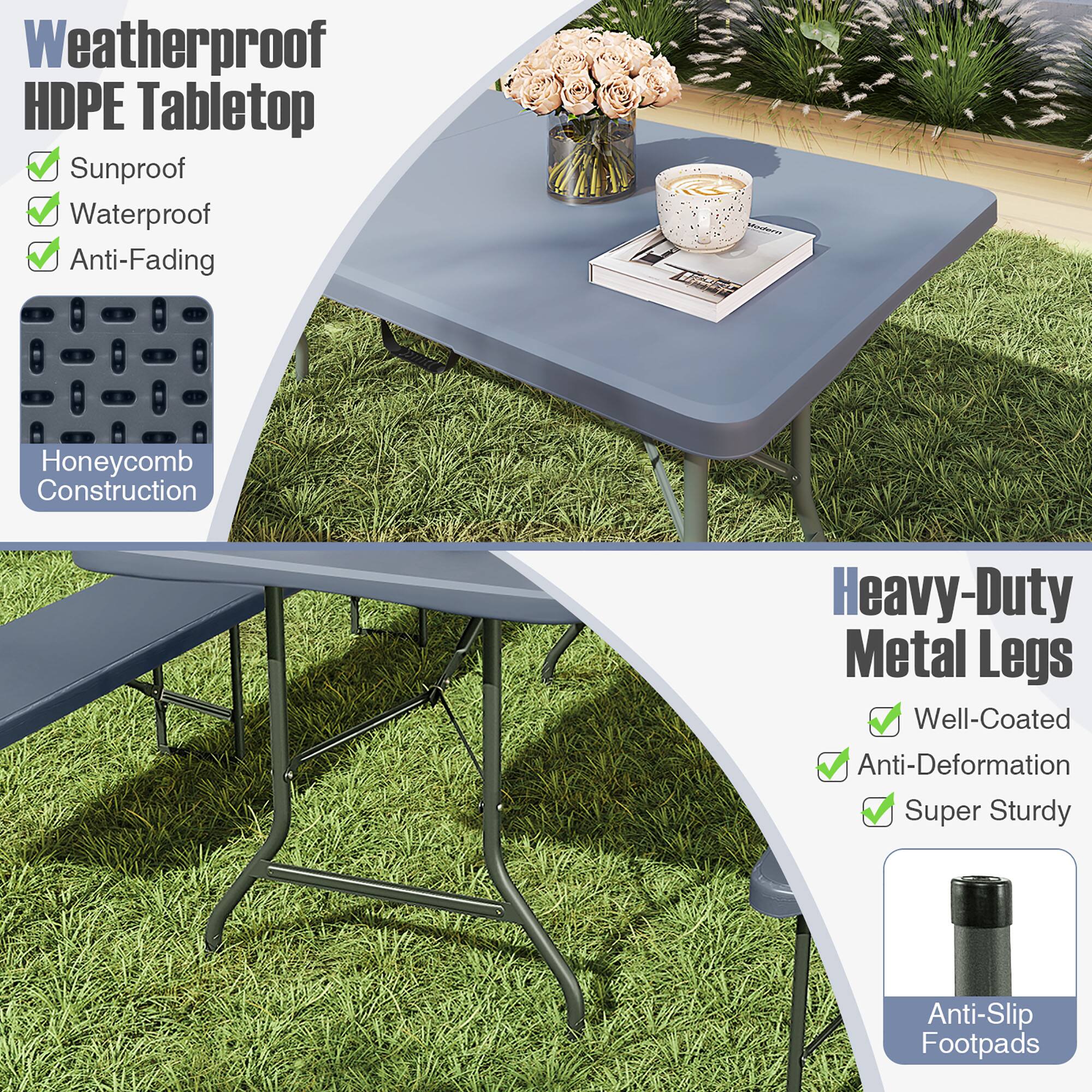 Weatherproof HDPE Tabletop  
- Sunproof  
- Waterproof  
- Anti-Fading  

Honeycomb Construction  

Heavy-Duty Metal Legs  
- Well-Coated  
- Anti-Deformation  
- Super Sturdy  

Anti-Slip Footpads