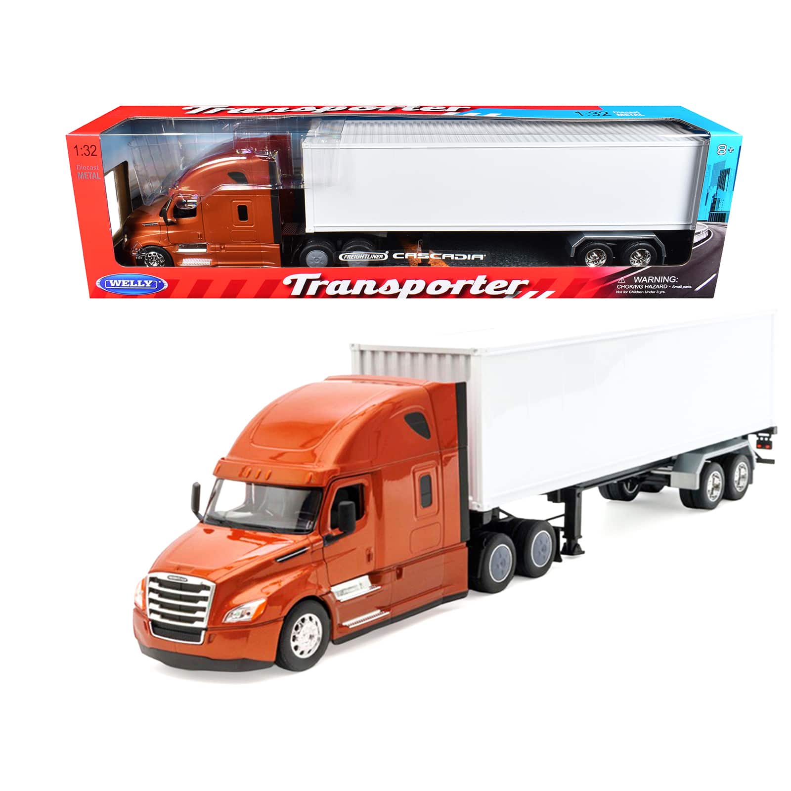 "Freightliner Cascadia Truck Bronze Metallic with White Container ""Transporter"" Series 1/32 Diecast Model by Welly" price history on PriceWatchPro