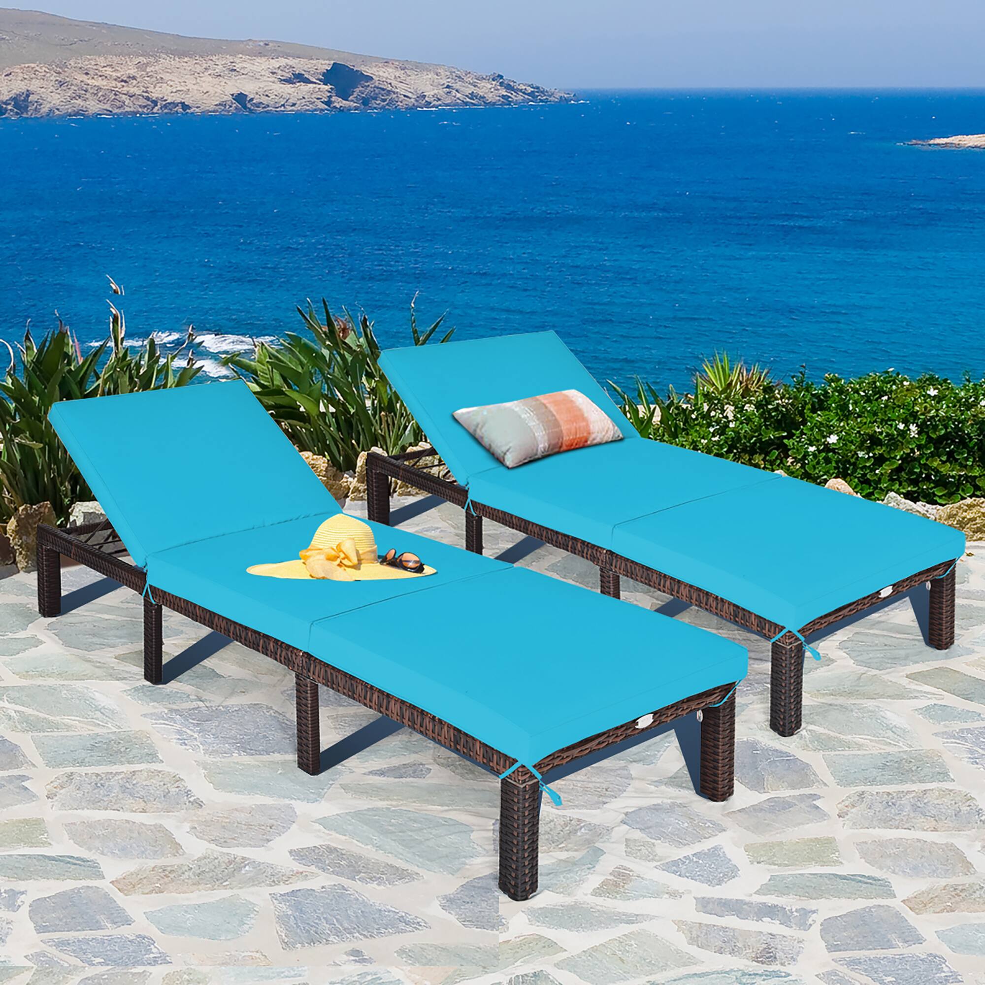 Alt View 1. Costway - 2PCS Outdoor Rattan Lounge Chair Chaise Recliner Adjustable Cushioned - Turquoise.