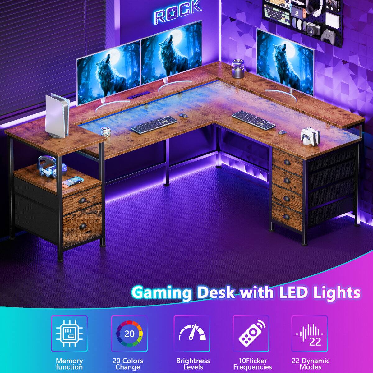 ROCK - 432222371119 el DRRA SU Gaming Desk with LED Lights

- 20 Memory function
- 20 Colors Change
- Brightness Levels
- 10Flicker Frequencies
- 22 Dynamic Modes