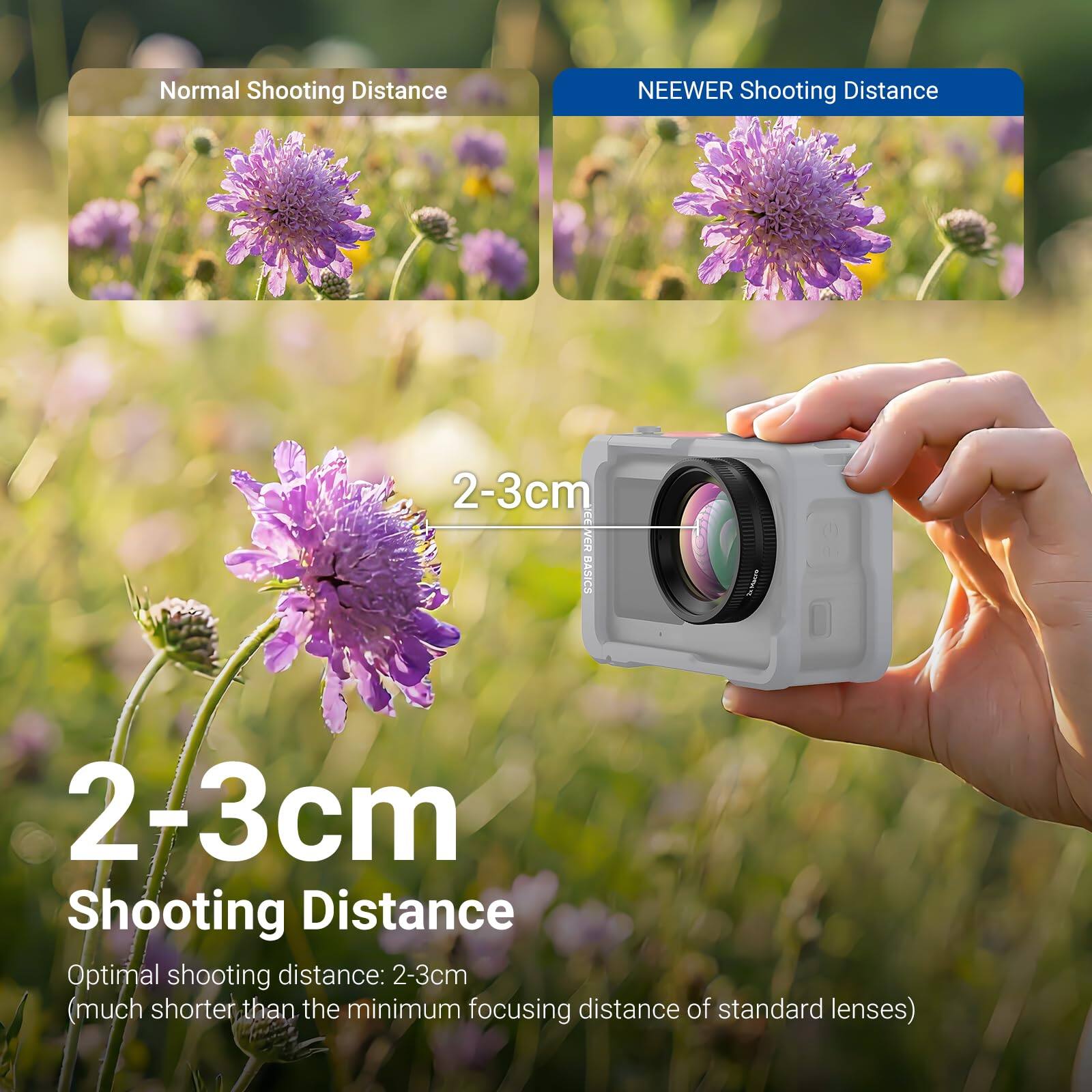 Normal Shooting Distance

NEEWER Shooting Distance

2-3cm

2-3cm Shooting Distance

Optimal shooting distance: 2-3cm (much shorter than the minimum focusing distance of standard lenses)