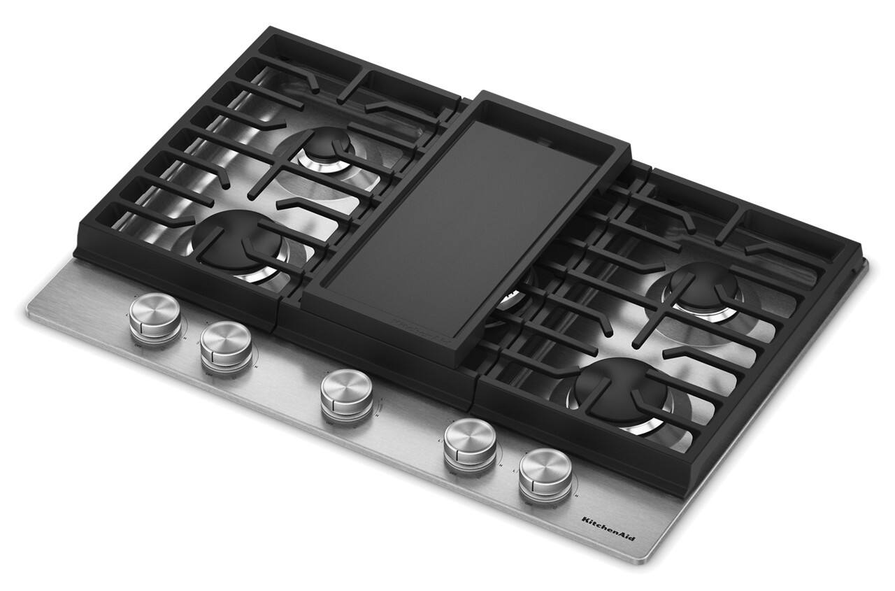Left. KitchenAid - 30 in. wide Gas Cooktop with 5 Burners and Integrated Wok Grate - Stainless Steel.