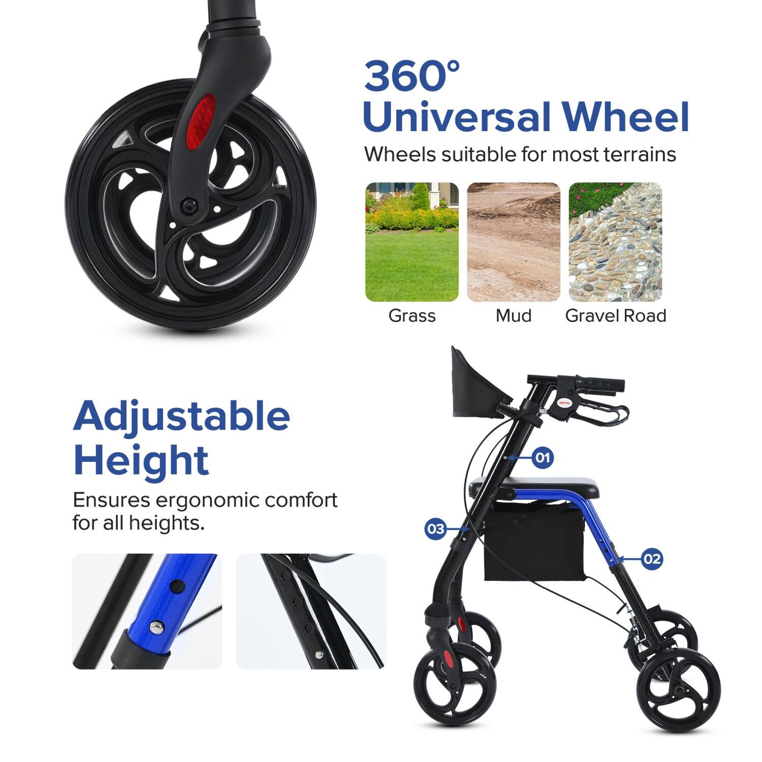 360° Universal Wheel  
Wheels suitable for most terrains: Grass, Mud, Gravel Road  

Adjustable Height  
Ensures ergonomic comfort for all heights.