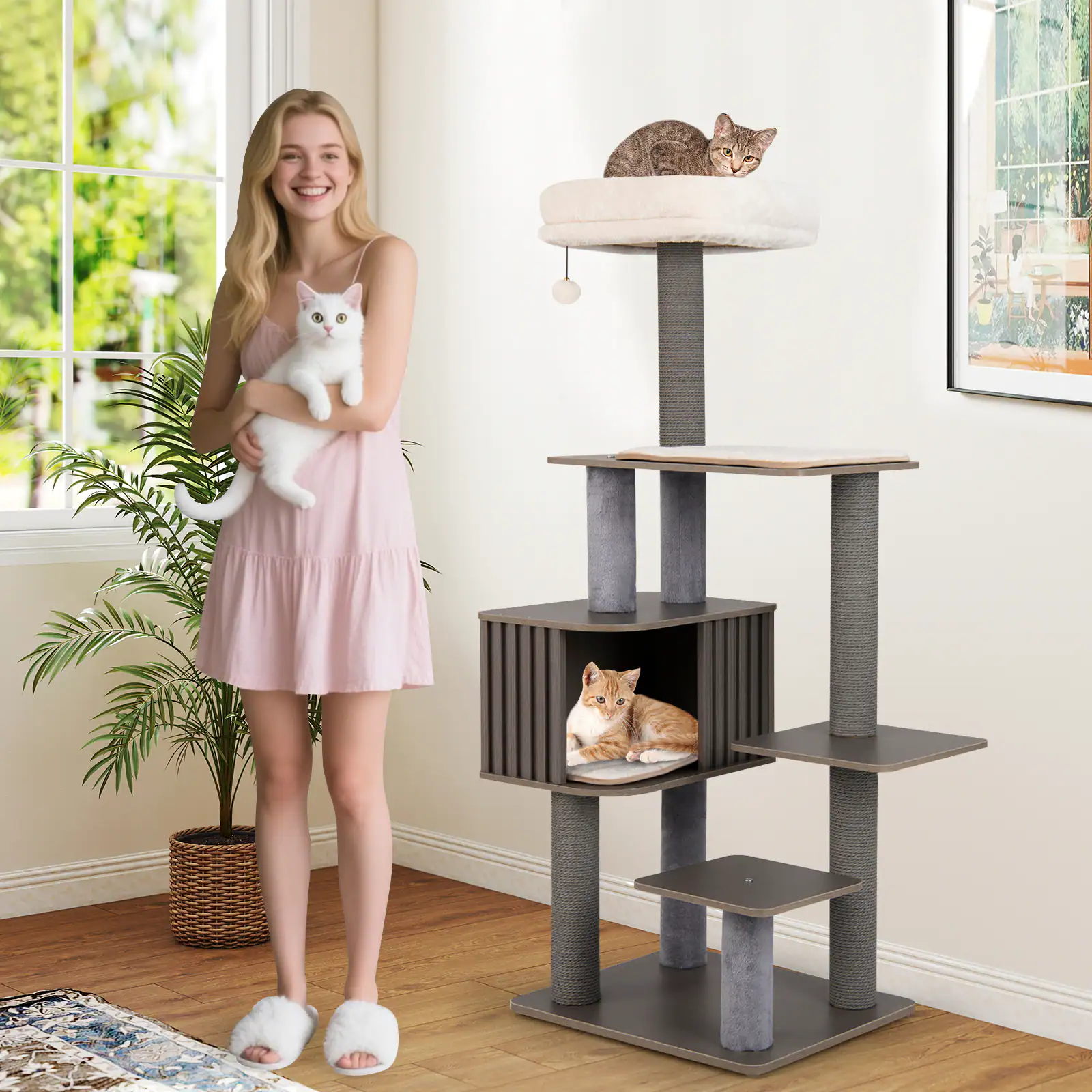 Alt View 5. Gymax - Gymax 59.5'' Tall Cat Tower w/Cushion Top Perch Detachable Mats Scratching Posts Gray - GYM19523.
