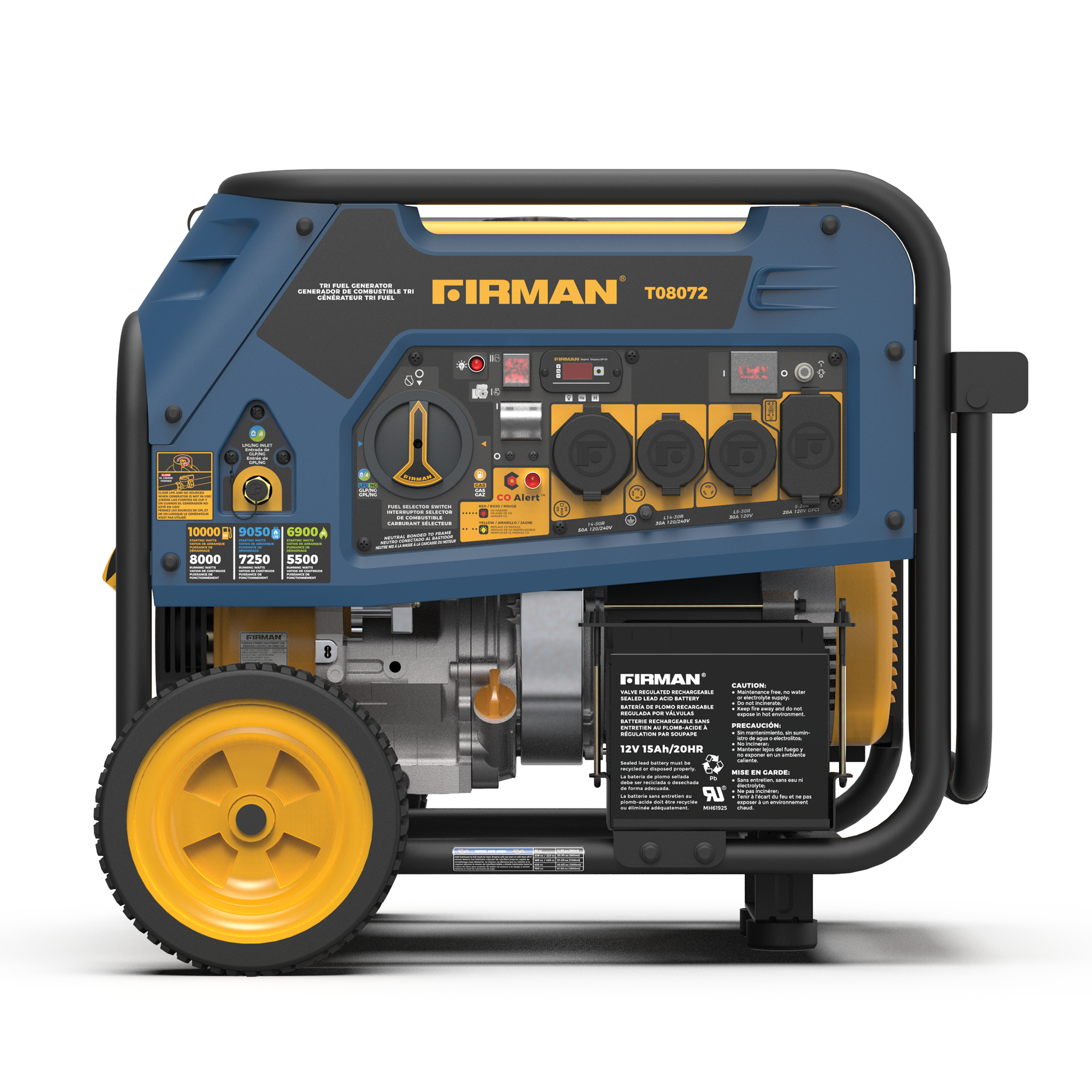 FIRMAN  
T08072  

10000 9050 6900  
8000 7250 5500  

CO Alert  

12V 125Ah/20HR  

FIRMAN  
12V 125Ah/20HR  

CAUTION  
BATTERIES ARE RECHARGEABLE  
BATTERIES RECHARGEABLE  
PRECAUCIÓN  
BATERÍAS RECHARGEABLES  
MISE EN GARDE  
BATTERIES RECHARGEABLES  

FIRMAN  
8