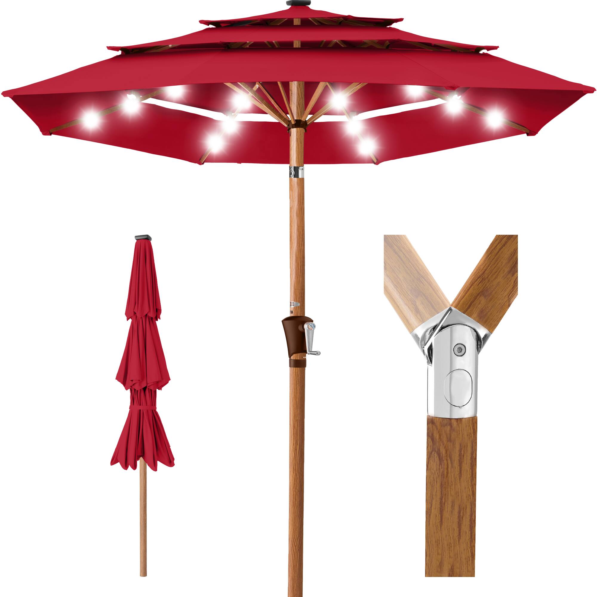 Best Choice Products - Woodgrain Pattern 10ft 3-Tier Solar Patio Umbrella w/ 24 LED Lights, Tilt - Red