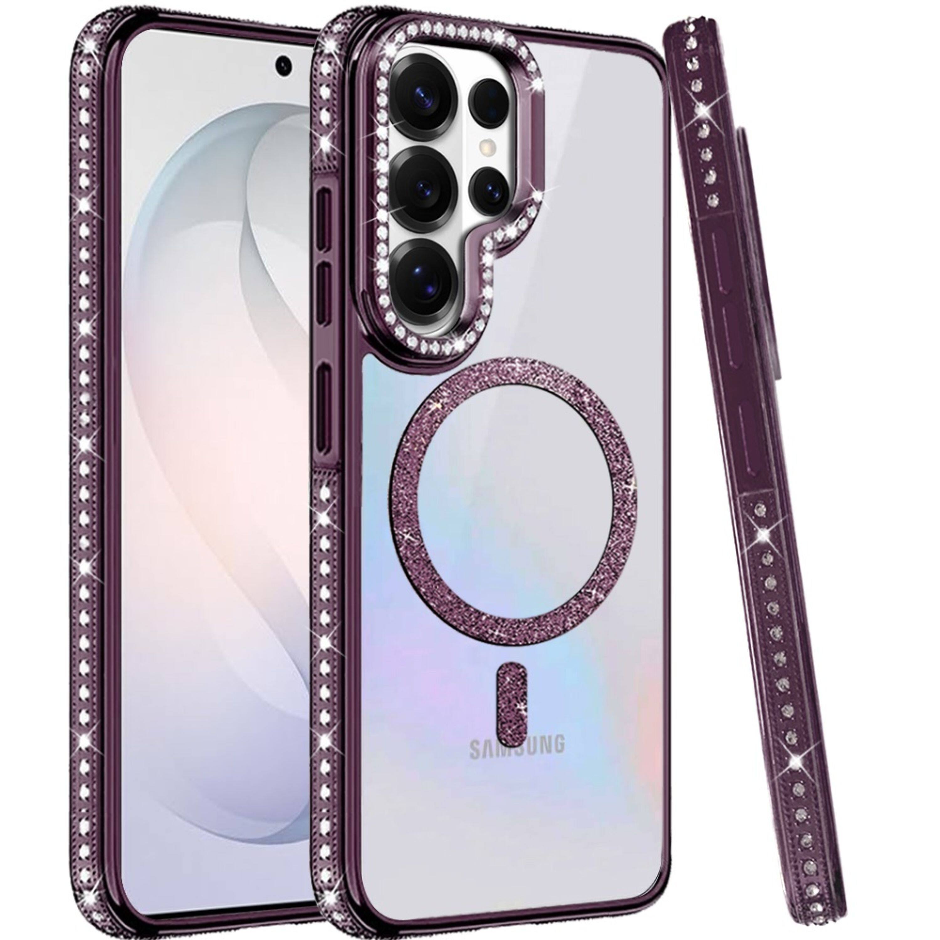 Left. Kitcheniva - Case Diamond Bling Border Magnetic Circle With Tempered Glass For Samsung S26 Ultra Dark Purple - Dark Purple.