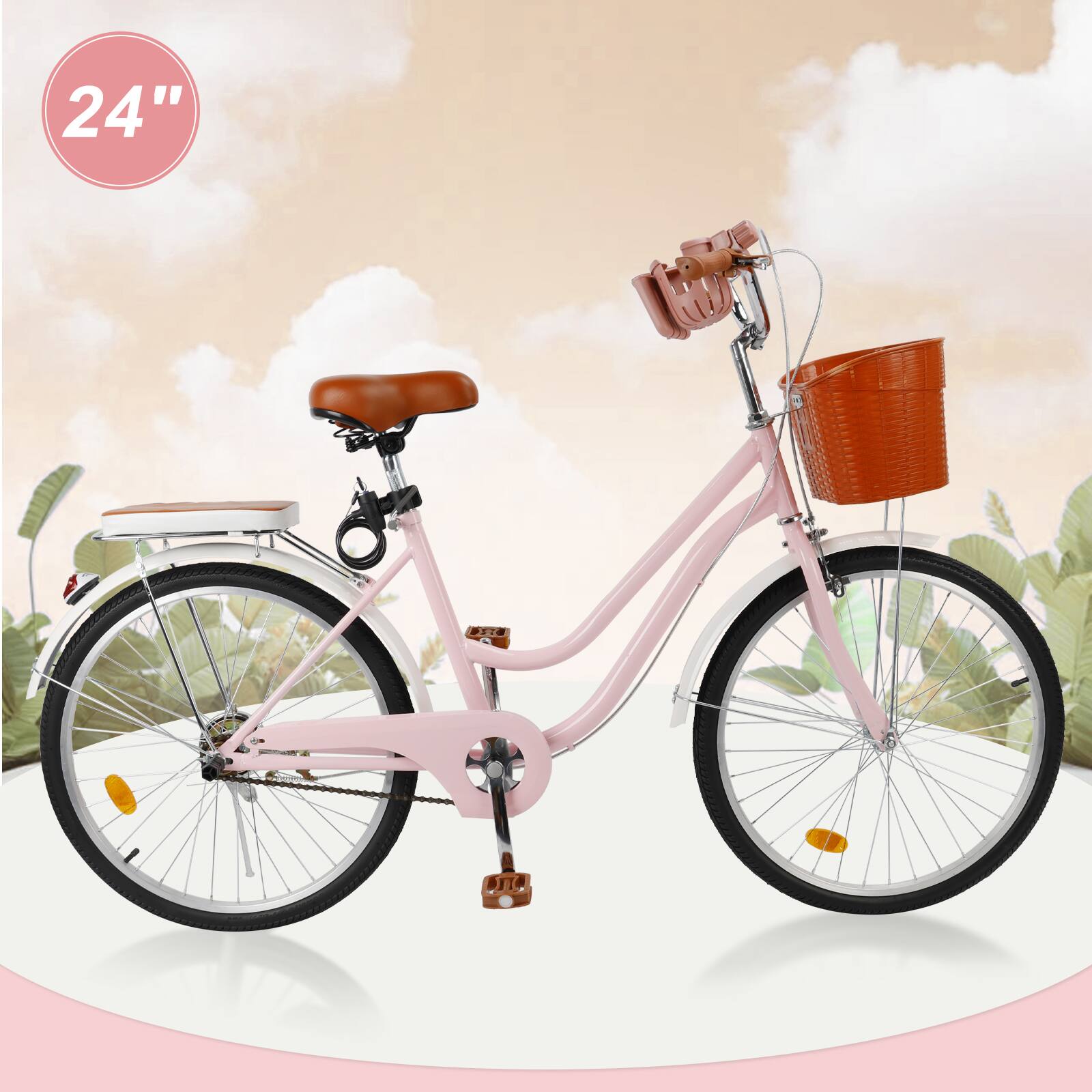 Alt View 10. Topteng - 24 Inch Beach Cruiser Bike for Adult -Low Step Design, Basket & Rack, High Carbon Steel Frame, Dual Brakes Bicycle Pink - Pink.