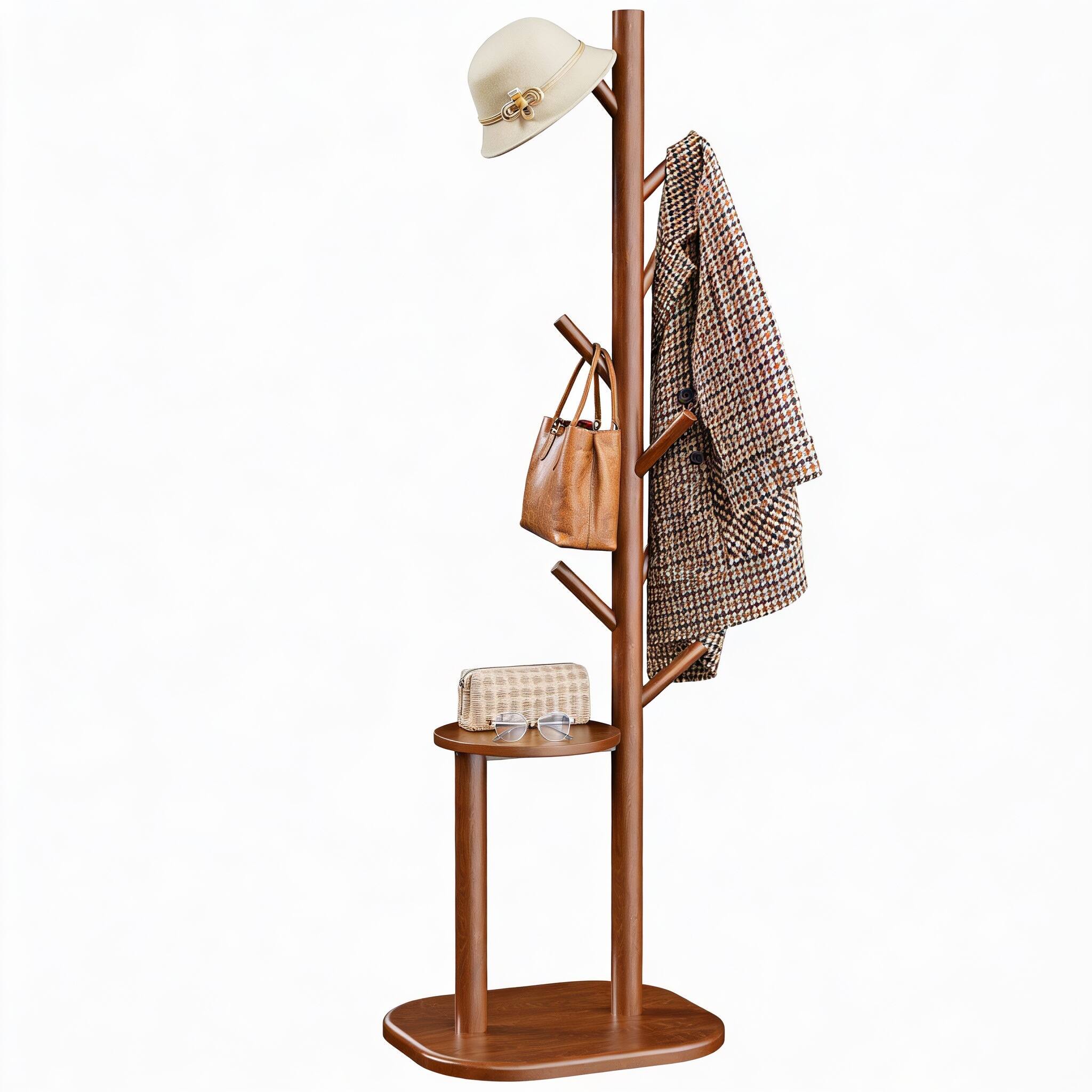 Front. Frangdom - Solid Wood Hall Tree 8-Hook Rack with Shelf 66" Entry Organizer - BROWN 12.5"D x 15.6"W x 66.3"H.