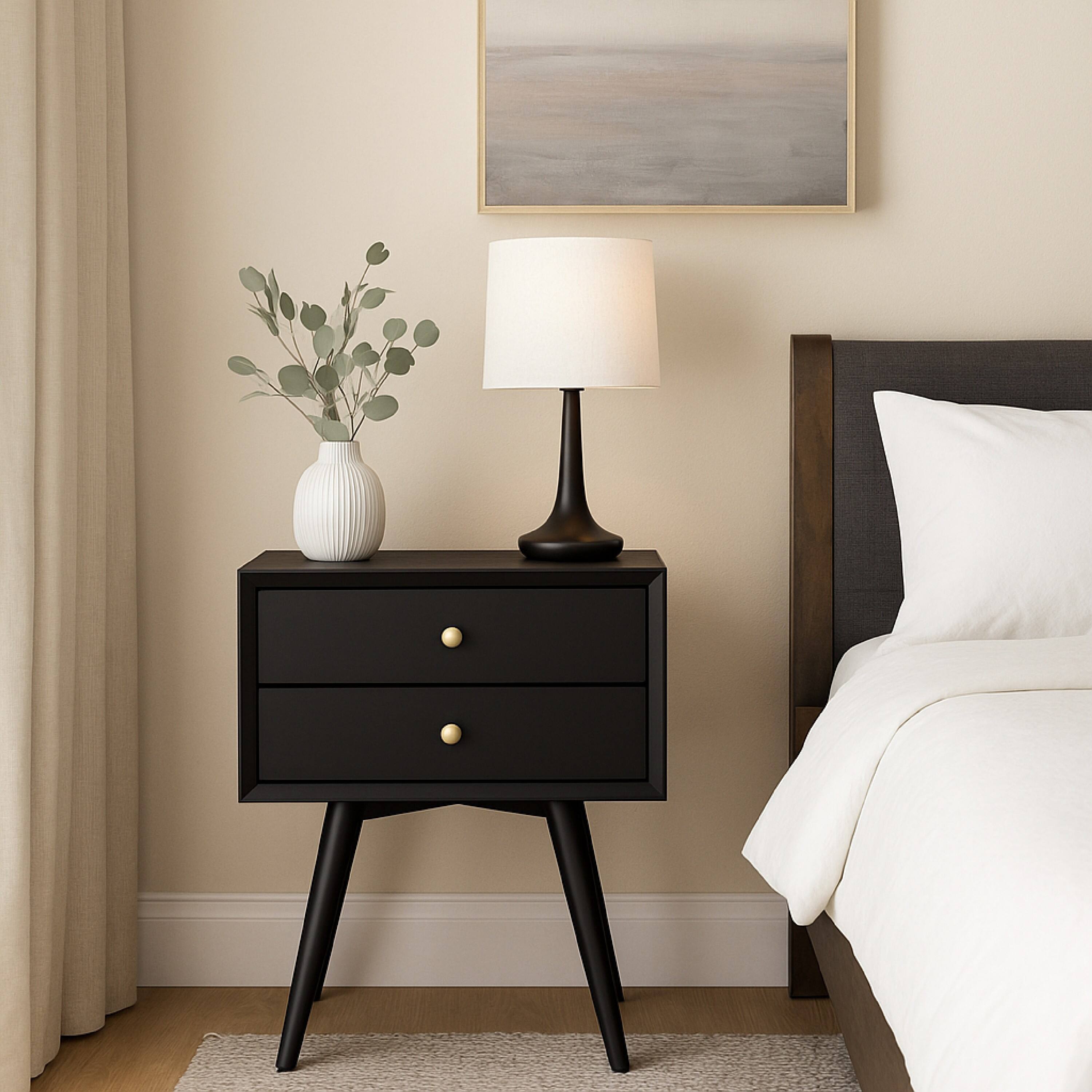 Alt View 2. Manhattan Lane - Ian Small Nightstand w 2 Drawers, Modern  Solid Mahogany Wood - Black.