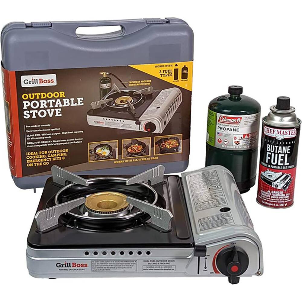 Grill Boss Outdoor Portable Stove

- Works with 2 fuel types
- Dual fuel stove with 12,000 BTU output
- Ideal for outdoor cooking, camping, kits, and emergency on the go
- Works with all types of pans
- Includes propane conversion kit
- Dual fuel capability with propane and butane
- Net weight: 12 lbs (5.4 kg)
- Coleman Propane
- Chef Master Butane Fuel

Grill Boss Portable Outdoor Stove