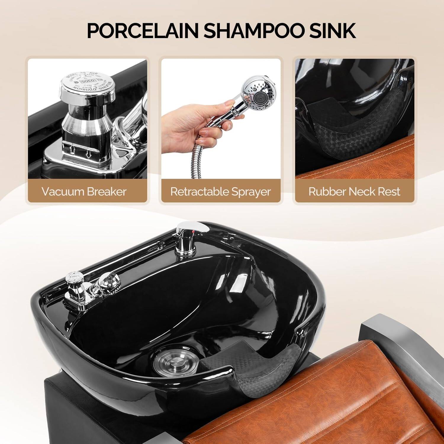 PORCELAIN SHAMPOO SINK

- Vacuum Breaker
- Retractable Sprayer
- Rubber Neck Rest