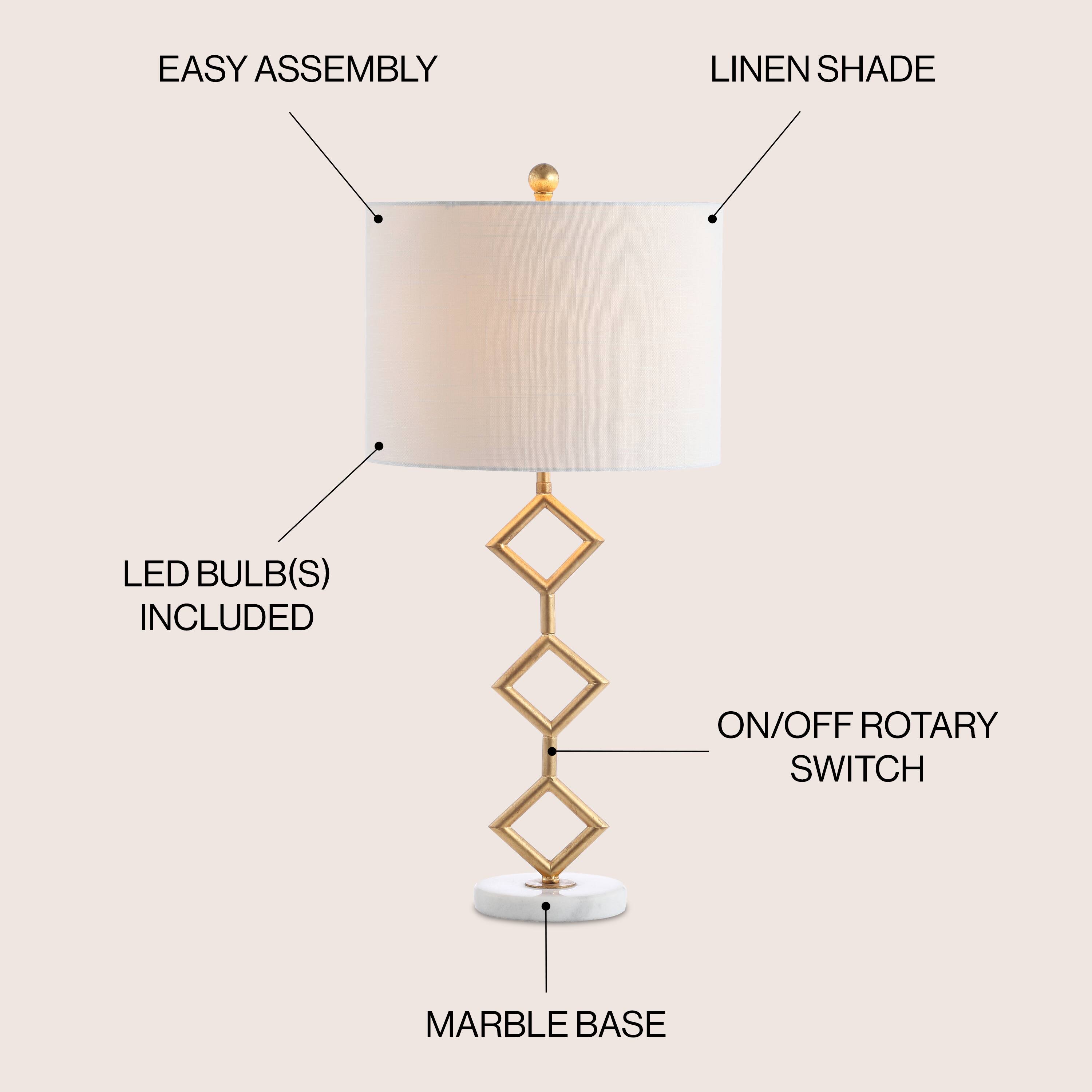EASY ASSEMBLY  
LINEN SHADE  
LED BULB(S) INCLUDED  
ON/OFF ROTARY SWITCH  
MARBLE BASE