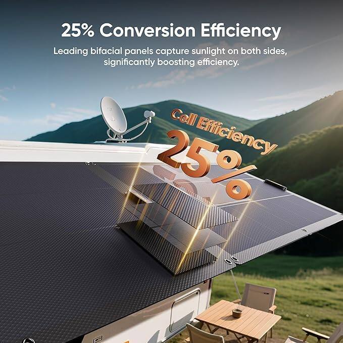 25% Conversion Efficiency  
Leading bifacial panels capture sunlight on both sides, significantly boosting efficiency.  
Cell Efficiency 25%