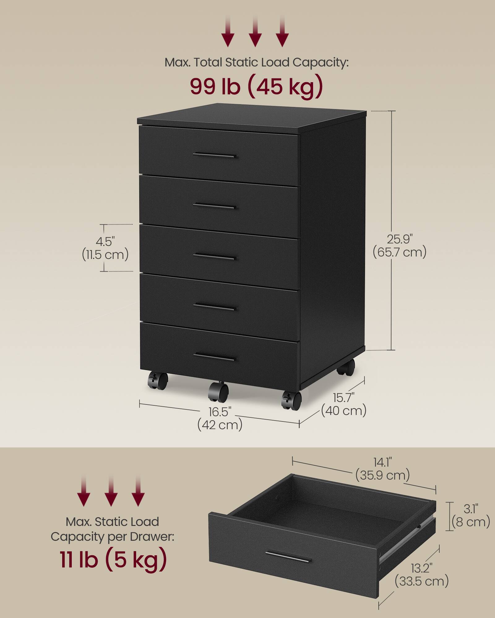 Max. Total Static Load Capacity: 99 lb (45 kg)  
4.5" (11.5 cm)  
25.9" (65.7 cm)  
16.5" (42 cm)  
15.7" (40 cm)  

Max. Static Load Capacity per Drawer: 11 lb (5 kg)  
14.1" (35.9 cm)  
3.1" (8 cm)  
13.2" (33.5 cm)