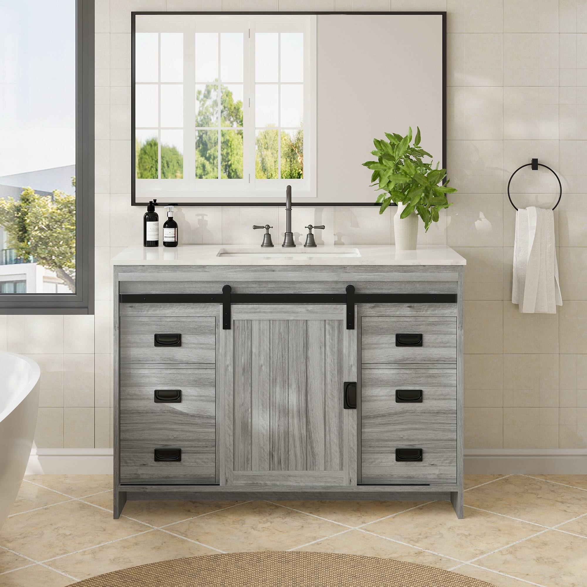 Angle. U-HOMY - Farmhouse Bathroom Vanity with Ceramic Countertop, Sliding Barn Door and Storage Drawers for Organized Spaces - 48"- Grey.