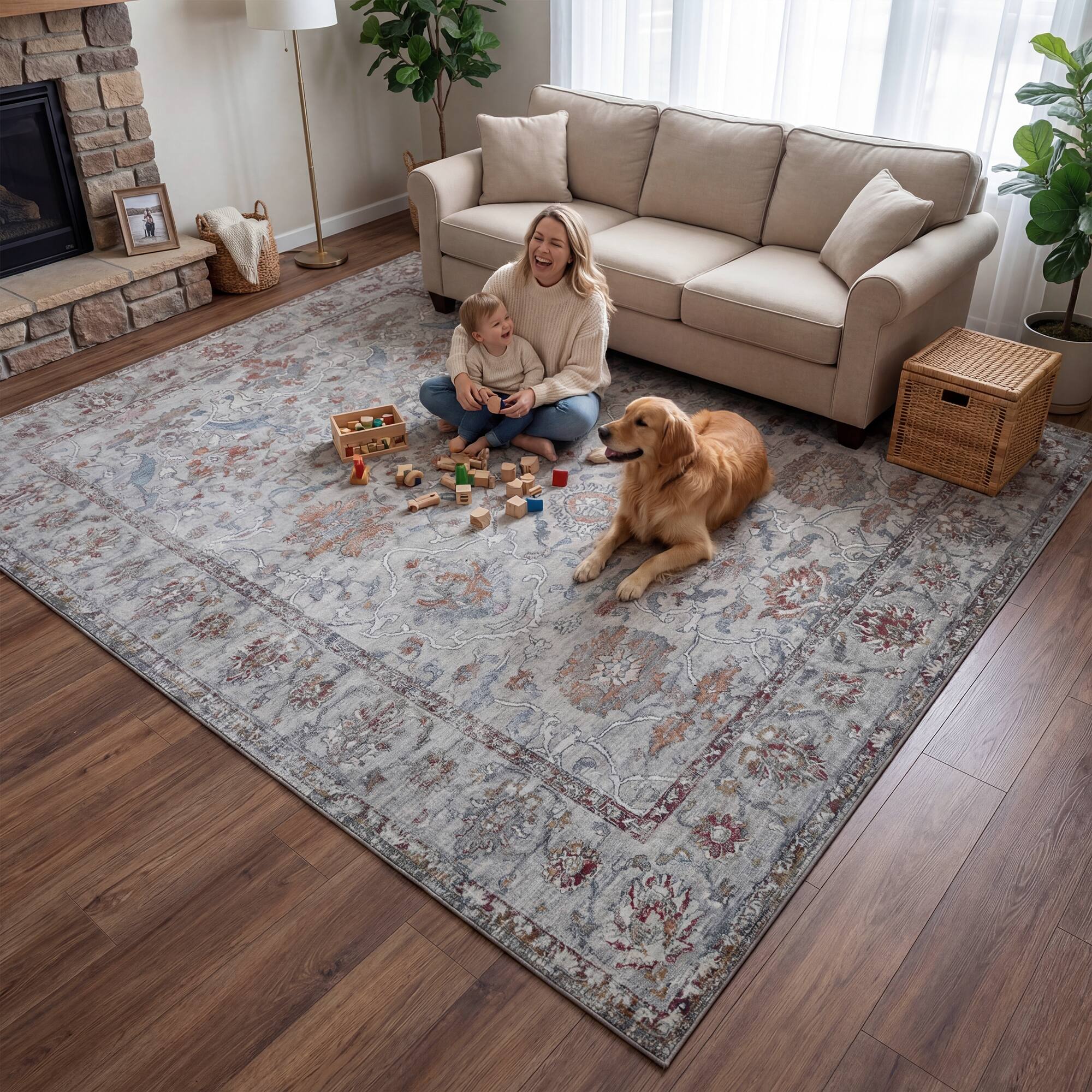 Alt View 1. RYHNUYNE - 9x12 Neutral Floral Rugs, Vintage Style Washable Area Rug, Non Slip Soft Low Pile Rug for Living Room Farmhouse Nursery - gray.