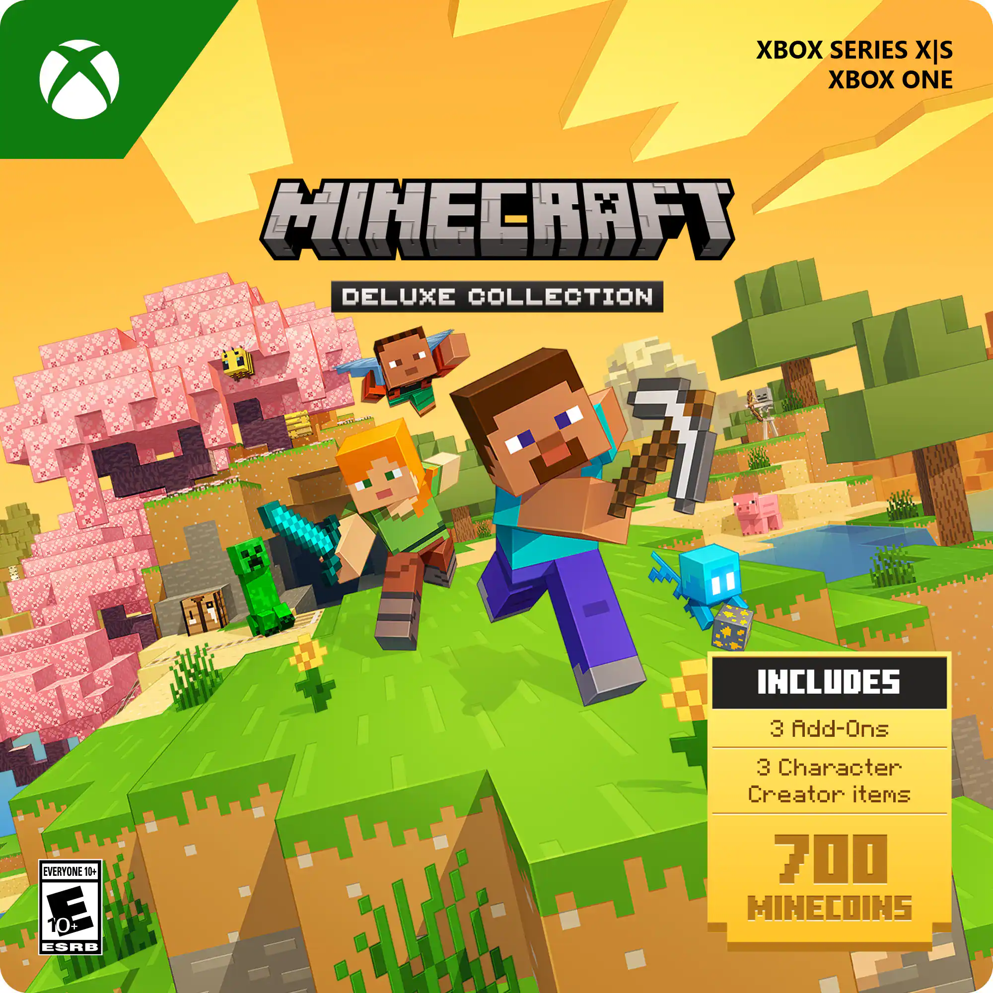 XBOX SERIES X|S XBOX ONE  
MINECRAFT DELUXE COLLECTION  
INCLUDES  
3 Add-Ons  
3 Character Creator items  
700 MINECOINS  

EVERYONE 10+  
ESRB - E10+ (Everyone 10+)