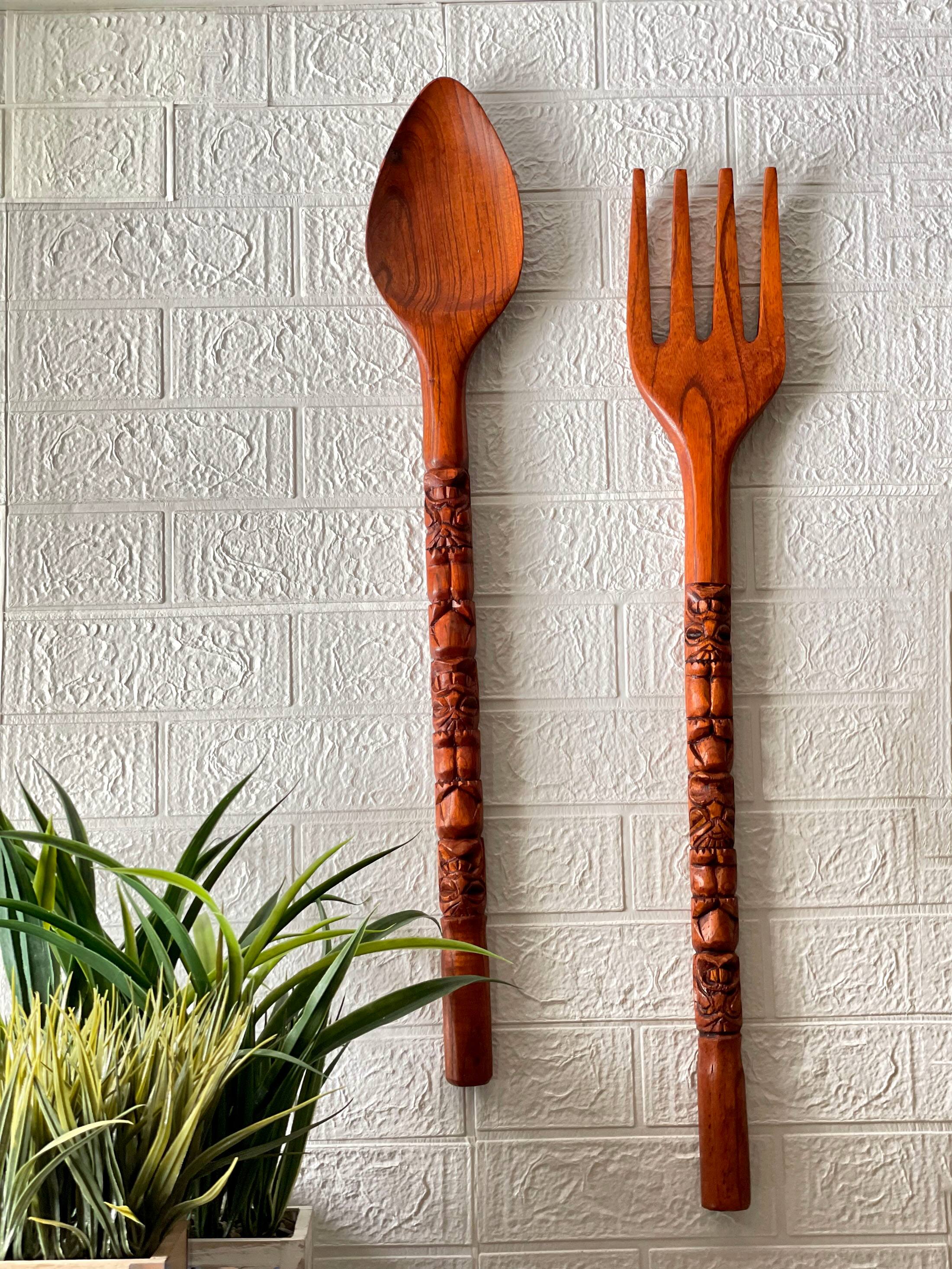 Alt View 5. Zeckos - 30 Inch Carved Tiki Spoon & Fork Wooden Wall Decor Art Utensil Decoration Set - Brown.