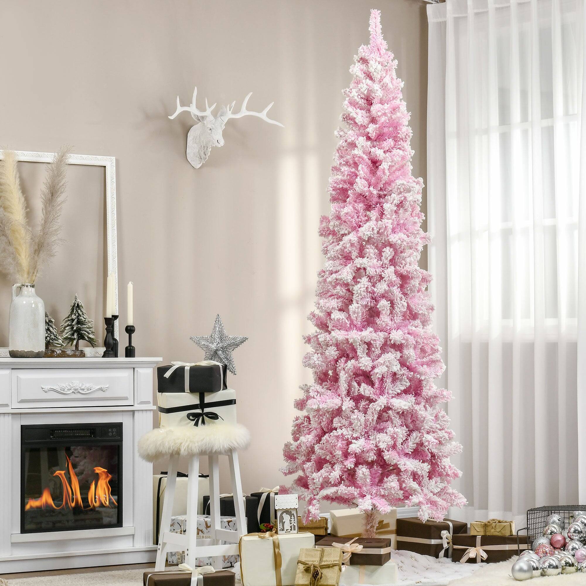 Angle. BreeBe - 7.5 ft Tall Unlit Snow Flocked Artificial Christmas Tree Slim Pencil Xmas Tree with Pine Shape and Realistic Branches - Pink.