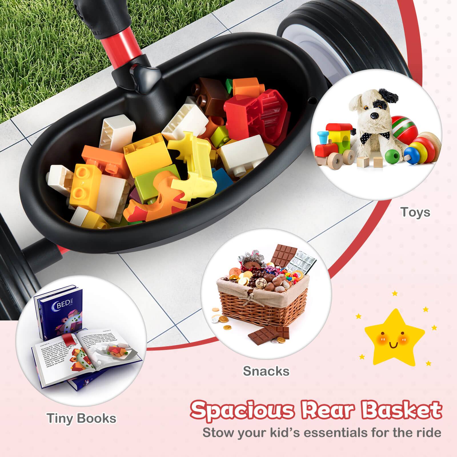 Toys  
BEDi Snacks  
Tiny Books  
Spacious Rear Basket  
Stow your kid's essentials for the ride