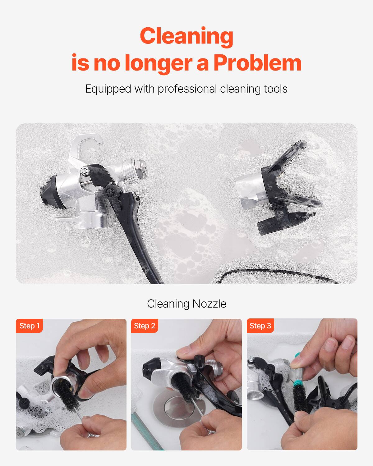 Cleaning is no longer a Problem  
Equipped with professional cleaning tools  

Cleaning Nozzle  

Step 1  
Step 2  
Step 3