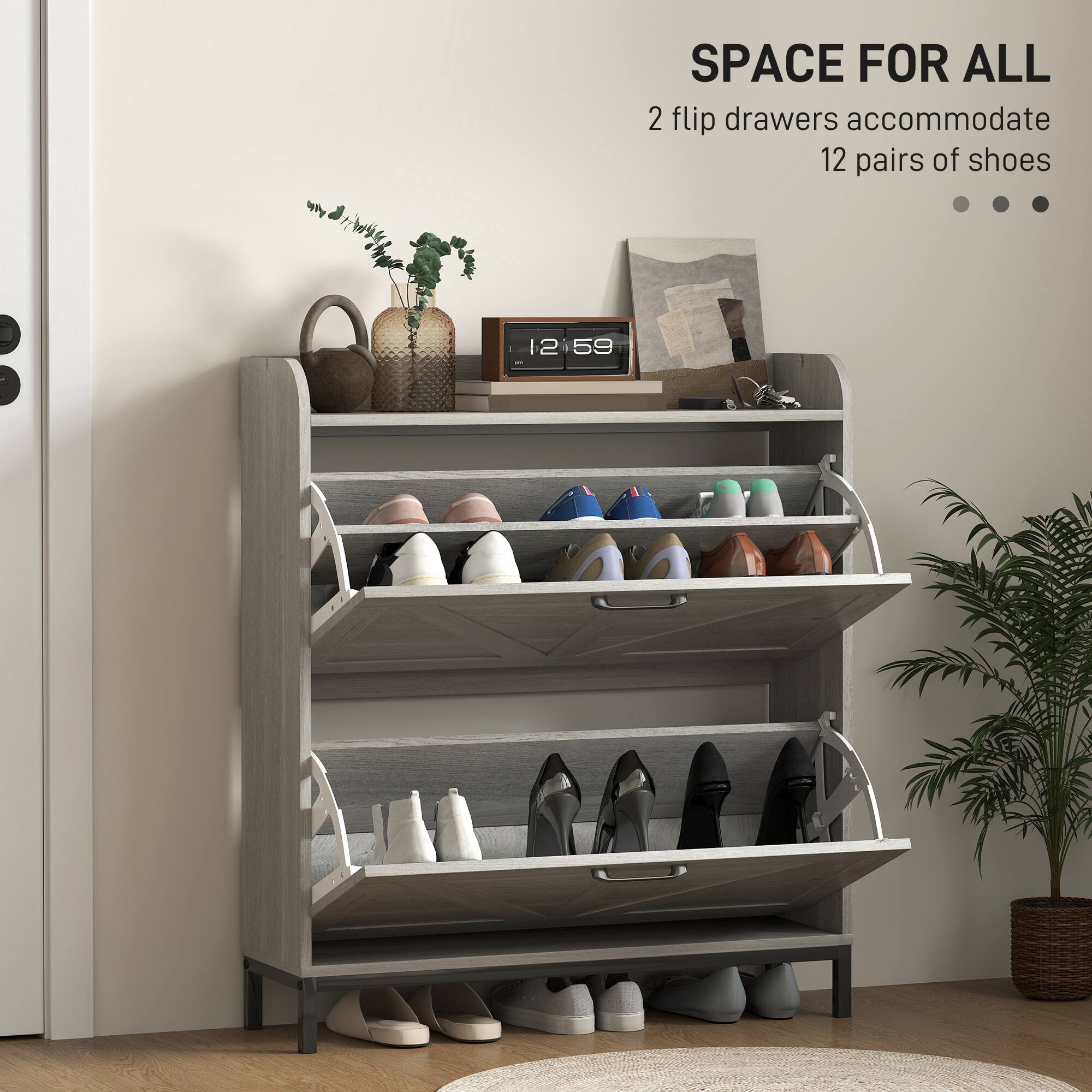 SPACE FOR ALL 2 flip drawers accommodate 12 pairs of shoes 12:59