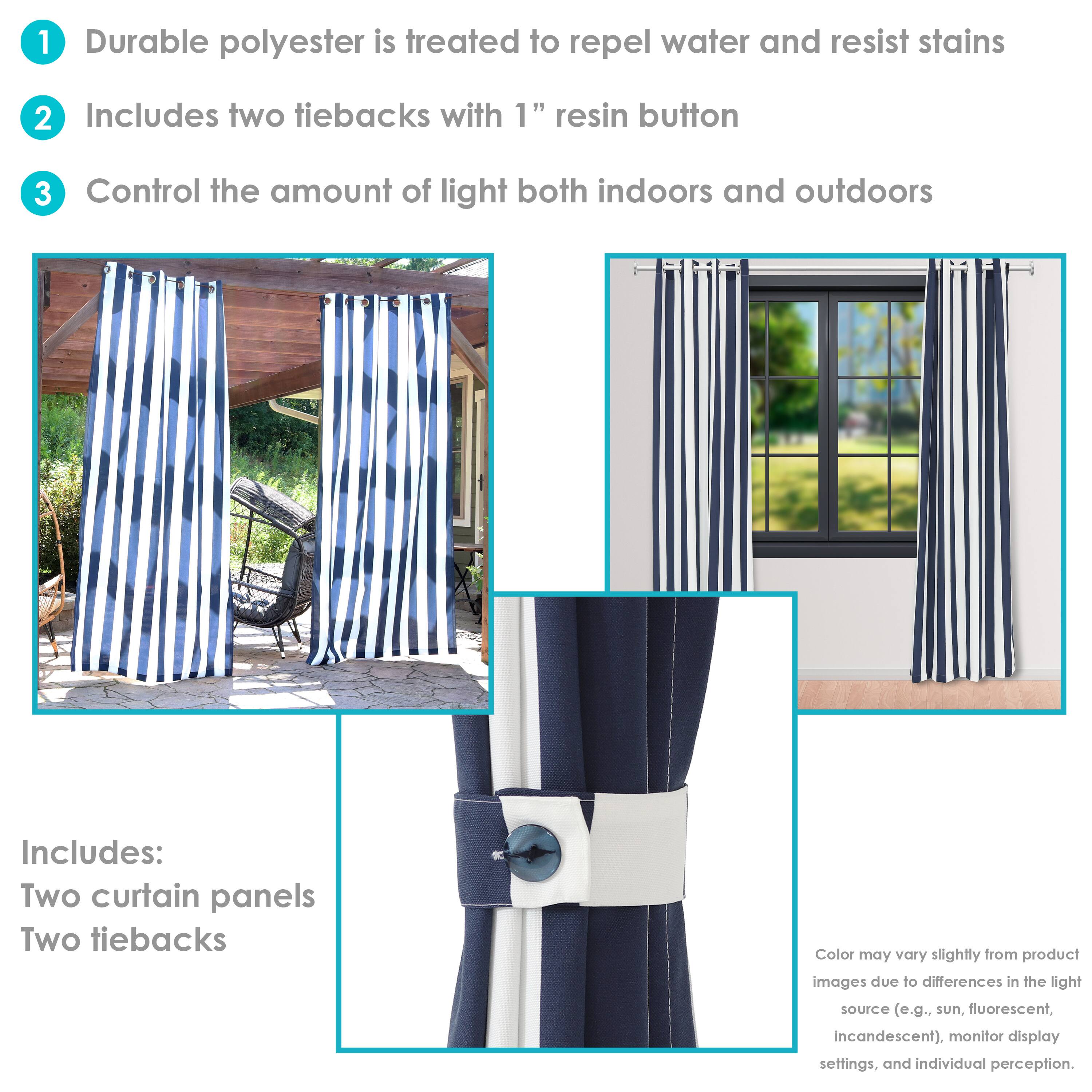 1. Durable polyester is treated to repel water and resist stains.
2. Includes two tiebacks with 1" resin button.
3. Control the amount of light both indoors and outdoors.

Includes:
- Two curtain panels
- Two tiebacks

Color may vary slightly from product images due to differences in the light source (e.g., sun, fluorescent, incandescent), monitor display settings, and individual perception.