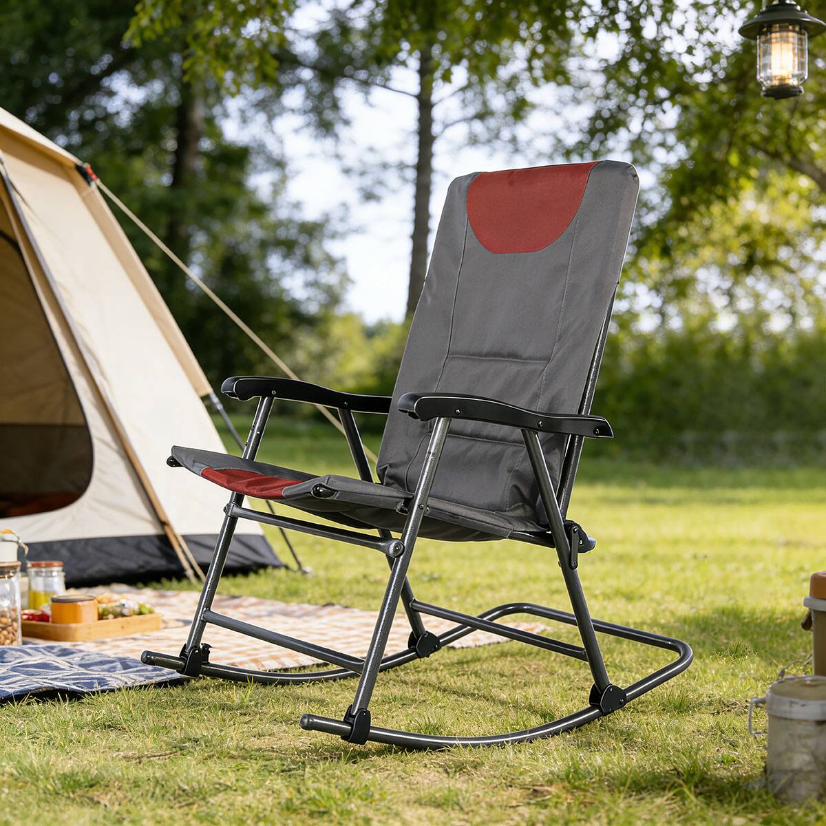 Angle. Ainfox - Outdoor Folding Rocking Chair with Padded & Armrests,Portable Rocker for Patio,Lawn, Beach and RV Travel - Red.