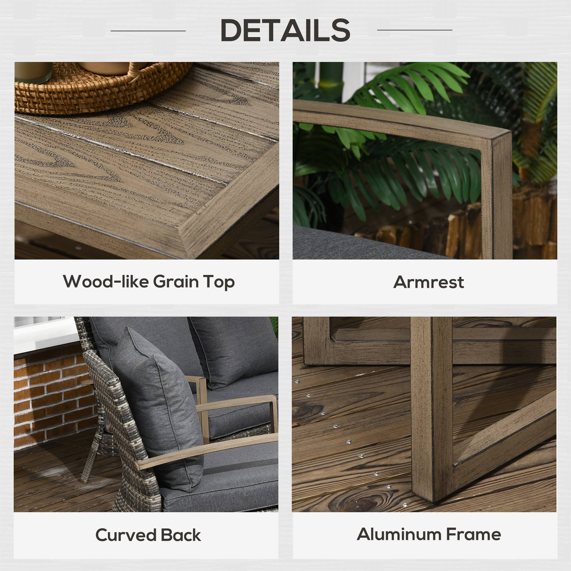 DETAILS

- Wood-like Grain Top
- Armrest
- Curved Back
- Aluminum Frame