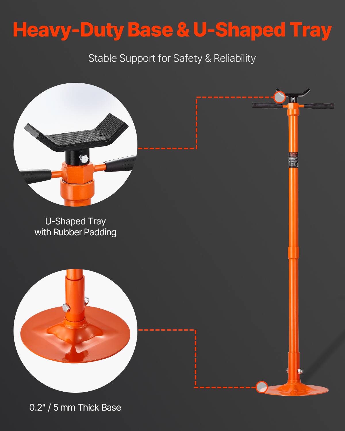Heavy-Duty Base & U-Shaped Tray  
Stable Support for Safety & Reliability  

U-Shaped Tray with Rubber Padding  

0.2" / 5 mm Thick Base