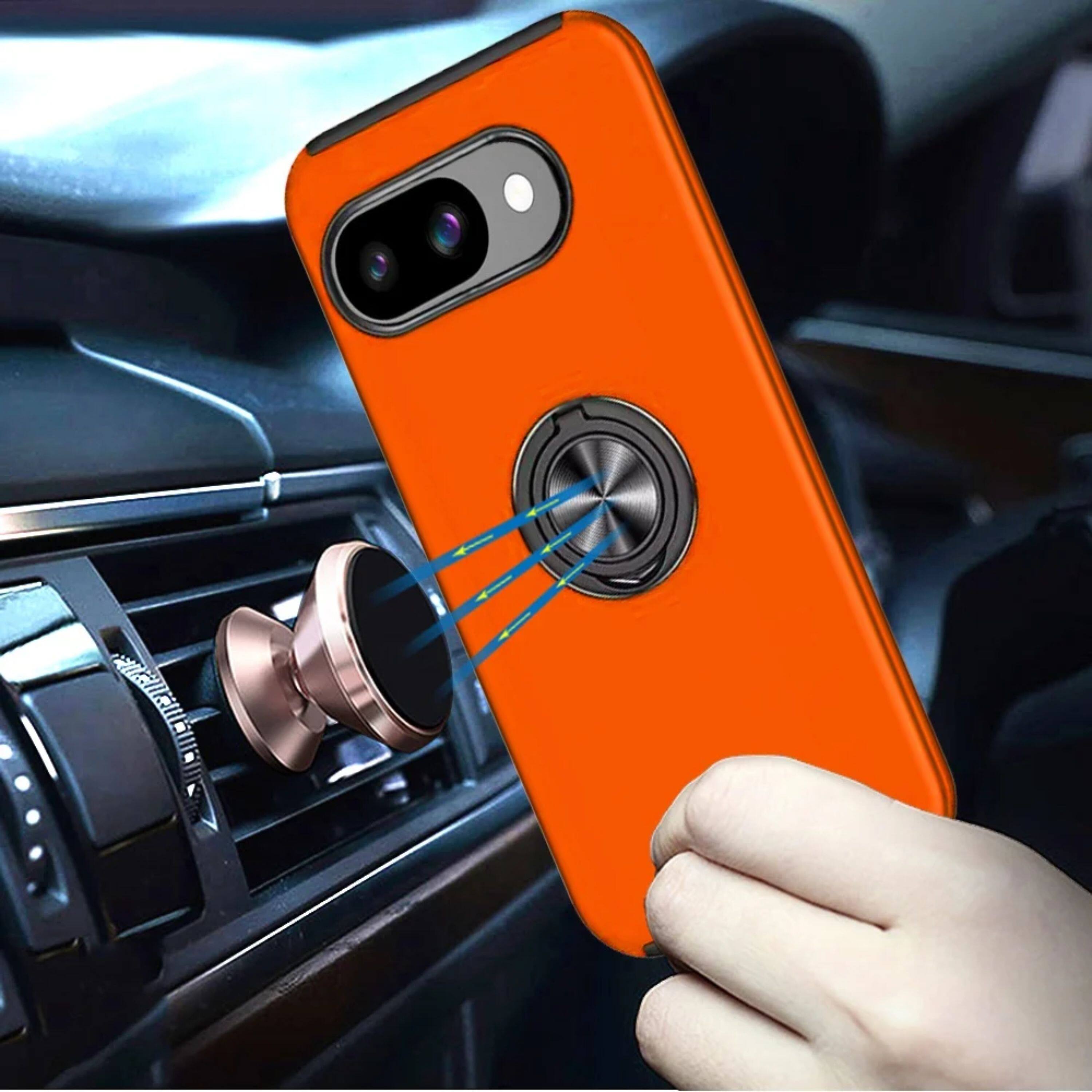 Angle. Kitcheniva - Rubber Dual Layer Phone Case Magnetic Ring Stand With Tempered Glass For Google Pixel 10a Cosmic Orange - Cosmic Orange.