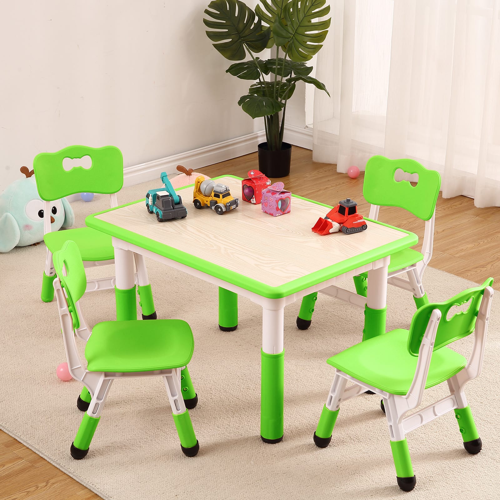 Acekool - Kids Table and Chairs Set, Toddler Height Adjustable Desk with Graffiti Desktop, 4 Seats - Green