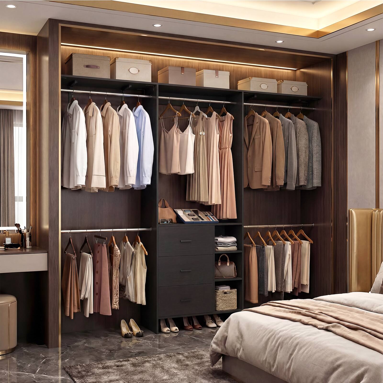 Left. Aheaplus - 96" Freestanding Closet Organizer: 3 Wood Drawers, Hanging Rods & Shelves. Adjustable (5.3-9ft) - Black.