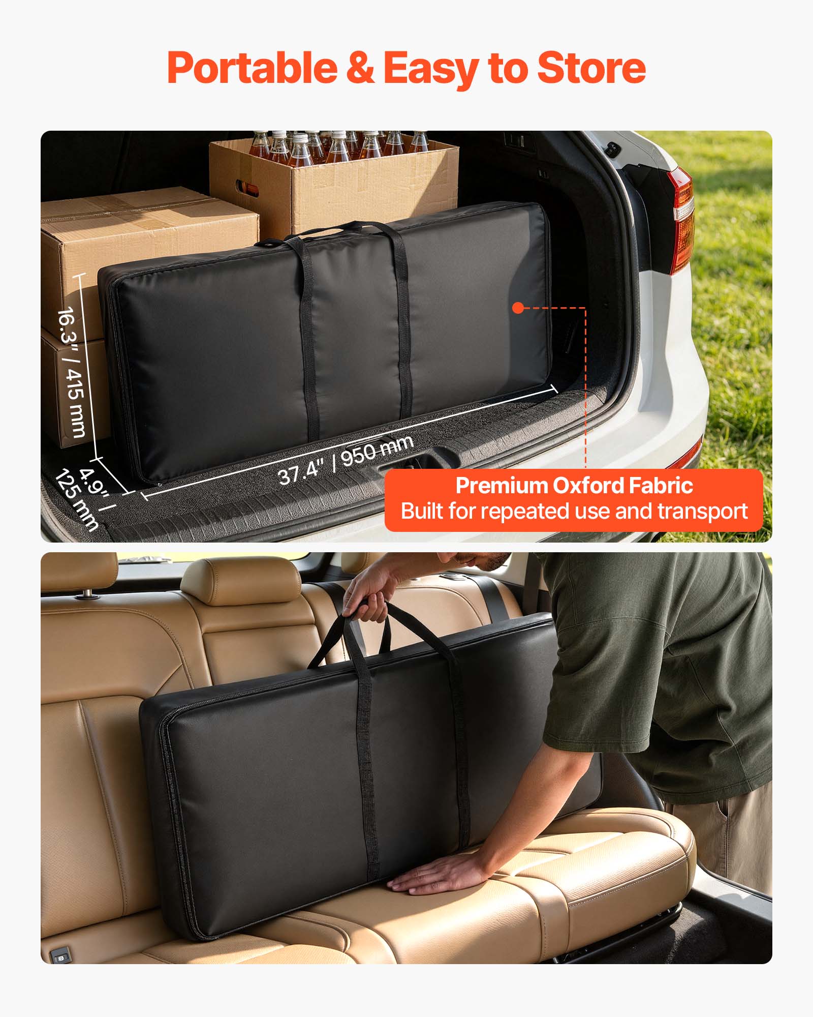 Portable & Easy to Store

16.3" / 415 mm
4.9" / 125 mm
37.4" / 950 mm

Premium Oxford Fabric
Built for repeated use and transport