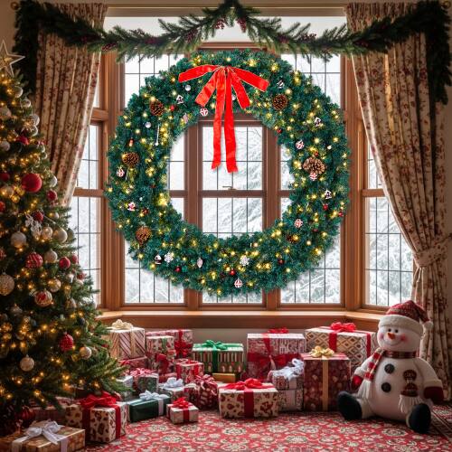 Alt View 5. Winado - 72in Pre-Lit Christmas Wreath with LED Lights, Bows, Ornaments for Door Wall Indoor Outdoor Holiday Party Decorations - Green.