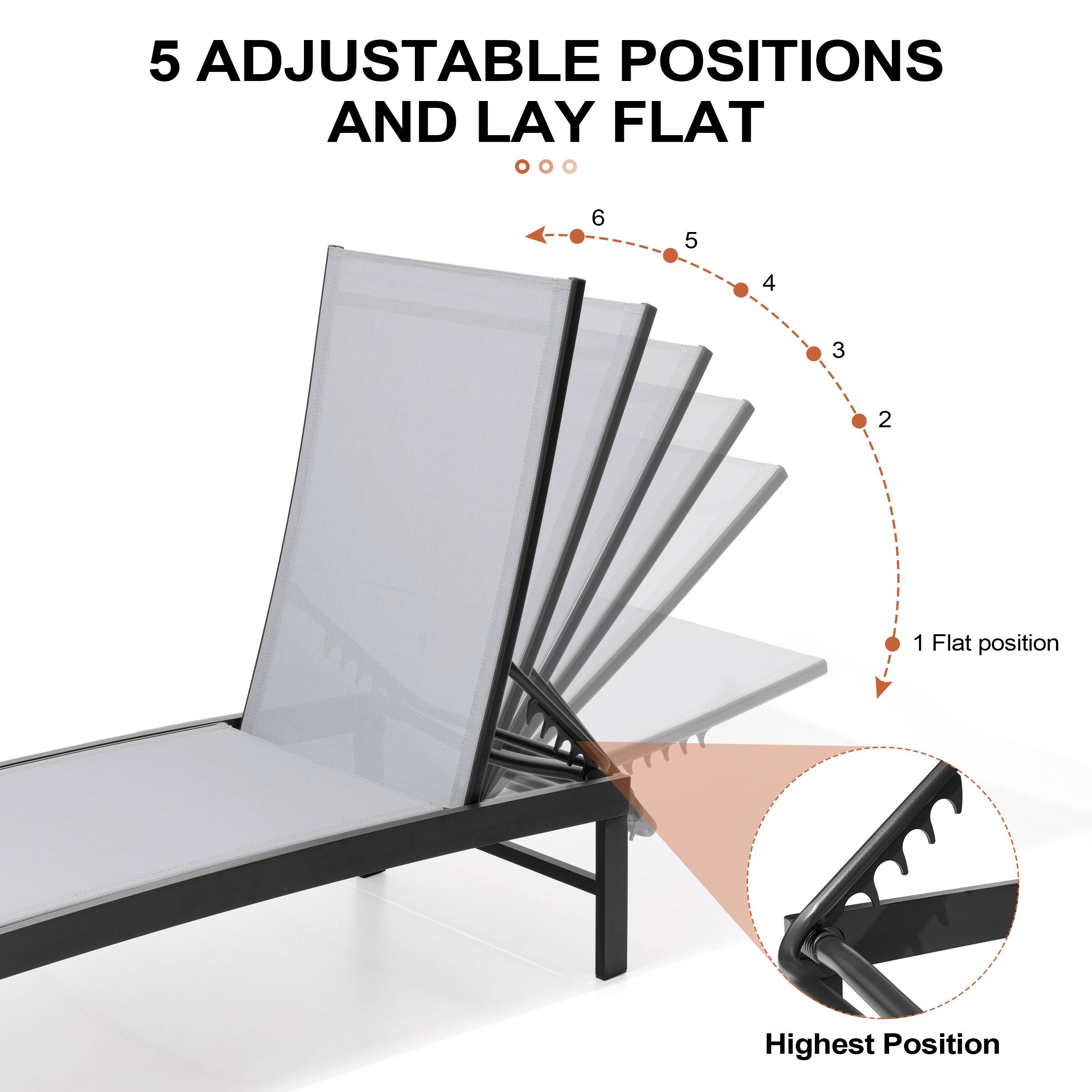 5 Adjustable Positions and Lay Flat

1 Flat position

Highest Position