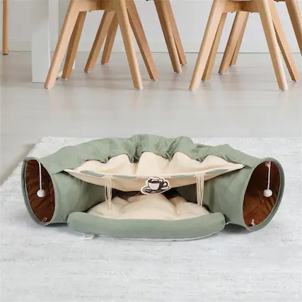 Front. Pefilos - 49" Large Cat Tunnel Bed for Indoor, Cat Tube with Collapsible Washable Cat Bed, Cat Toys for Small Medium Kitty City - Green.