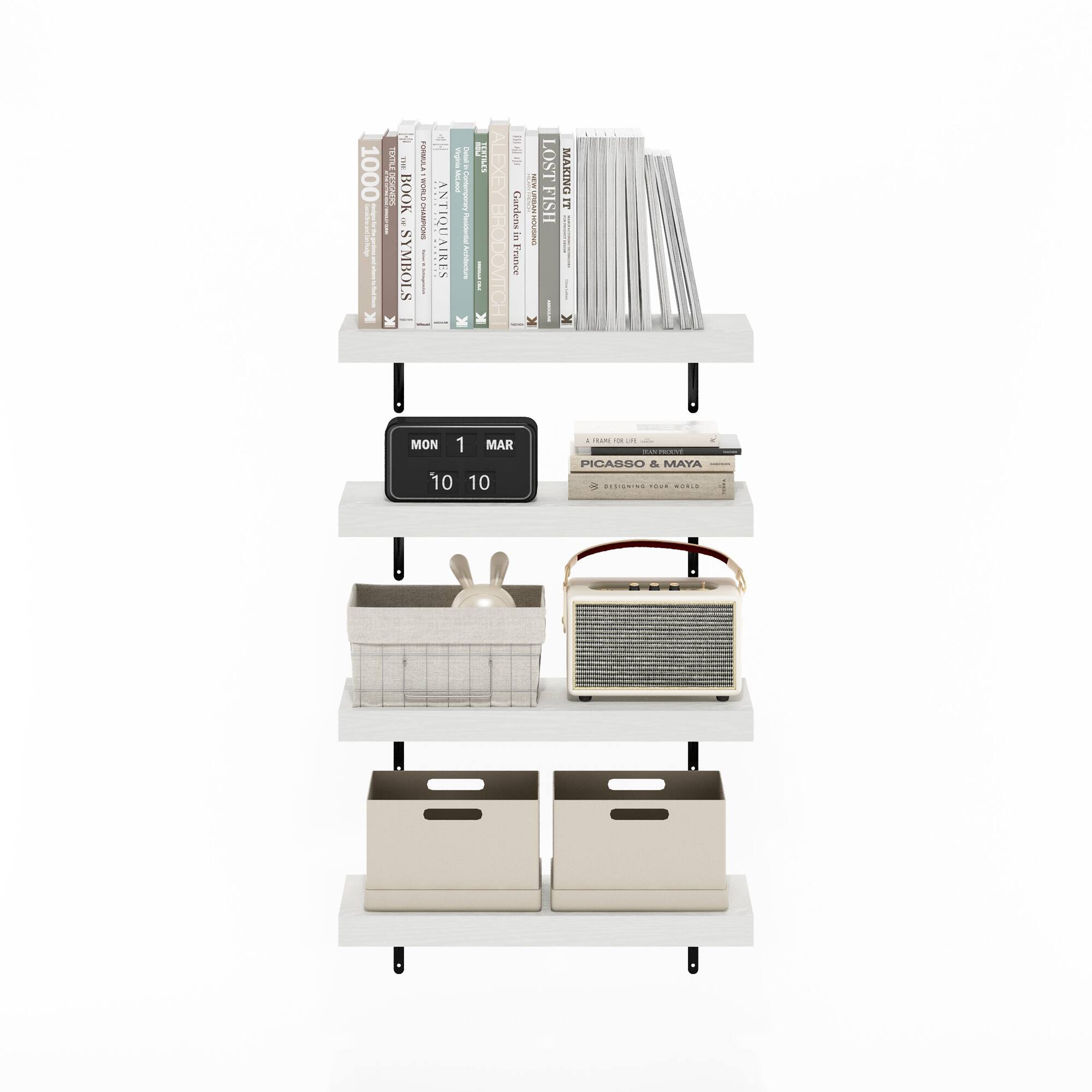 Sure, here is the corrected and grouped text from the image:

---

**Top Shelf:**
- 1000 SYMBOLS
- THE BOOK OF SYMBOLS
- A NEW HISTORY OF ART
- GARDENING IN FRANCE
- THE GRAND DESIGN

**Middle Shelf:**
- MON 1 MAR
- 10 10
- A TEAM FOR LIFE
- PICASSO & MAYA
- DESIGNING YOUR WORLD

**Bottom Shelf:**
- (No visible text)

--- 

This text is based on the visible titles and text on the items in the image.