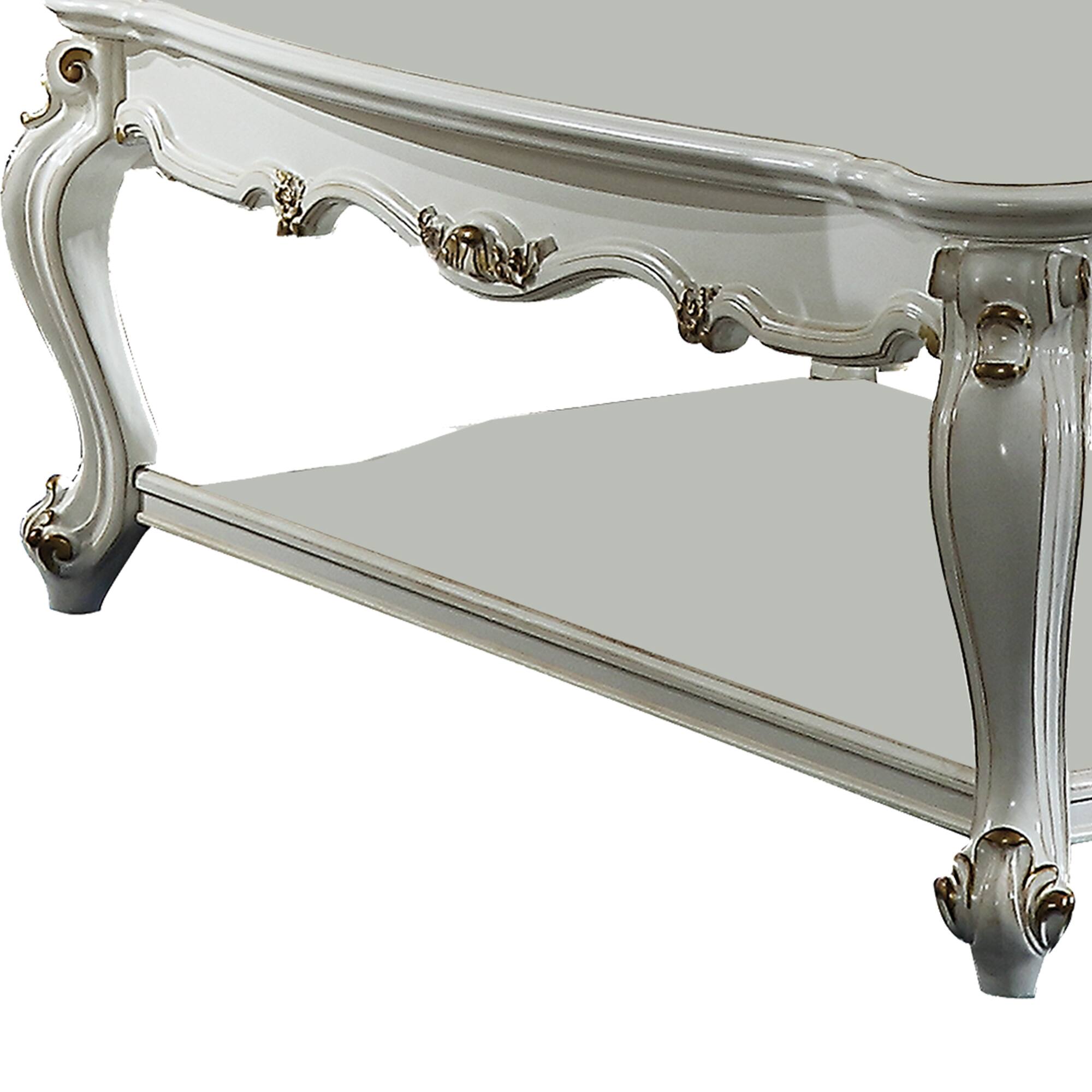 Alt View 2. Manhattan Lane - Traditional Style Wooden Coffee Table with Polyresin Carvings and Bottom Shelf - White.