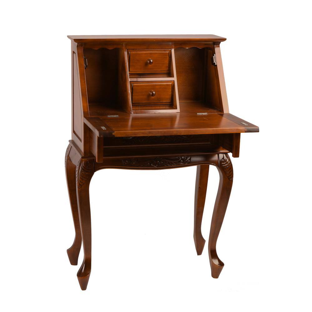 Front. International Caravan - International Caravan Small Carved Secretary Desk with Fold Out Front - Brown Stain.