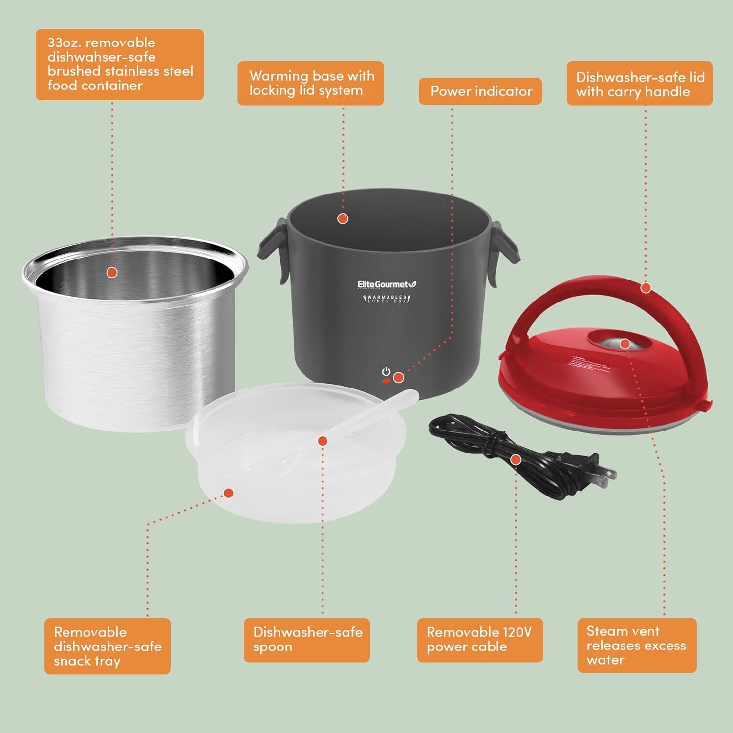 - 33oz. removable dishwasher-safe brushed stainless steel food container
- Warming base with locking lid system
- Power indicator
- Dishwasher-safe lid with carry handle
- Removable dishwasher-safe snack tray
- Dishwasher-safe spoon
- Removable 120V power cable
- Steam vent releases excess water