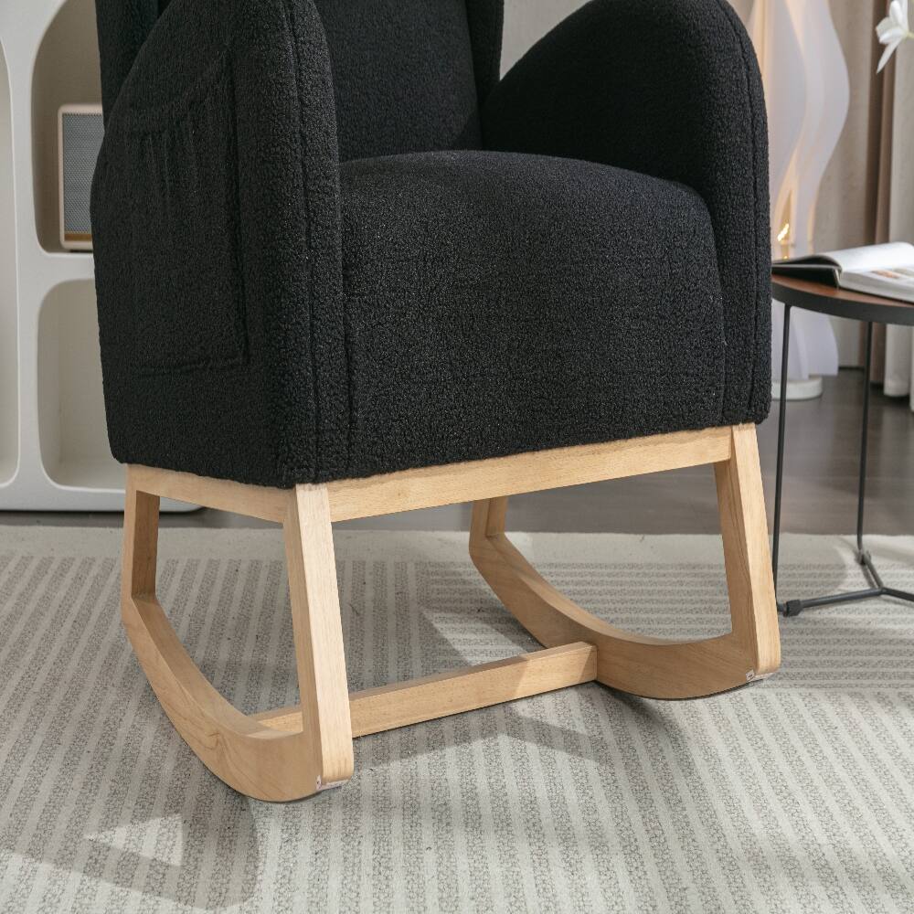 Alt View 7. Loheer - Loheer Black Teddy Fabric Nursery Rocking Chair with Wingback, Solid Wood Base Leisure Rocker, High Backrest - Black.
