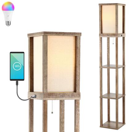 Front. Jonathan Y - Etagere 63.5" Rustic Bohemian Wooden LED 3-Shelf Floor Lamp with Pull-Chain, USB Charging Port and Smart Bulb, Brown - Brown.