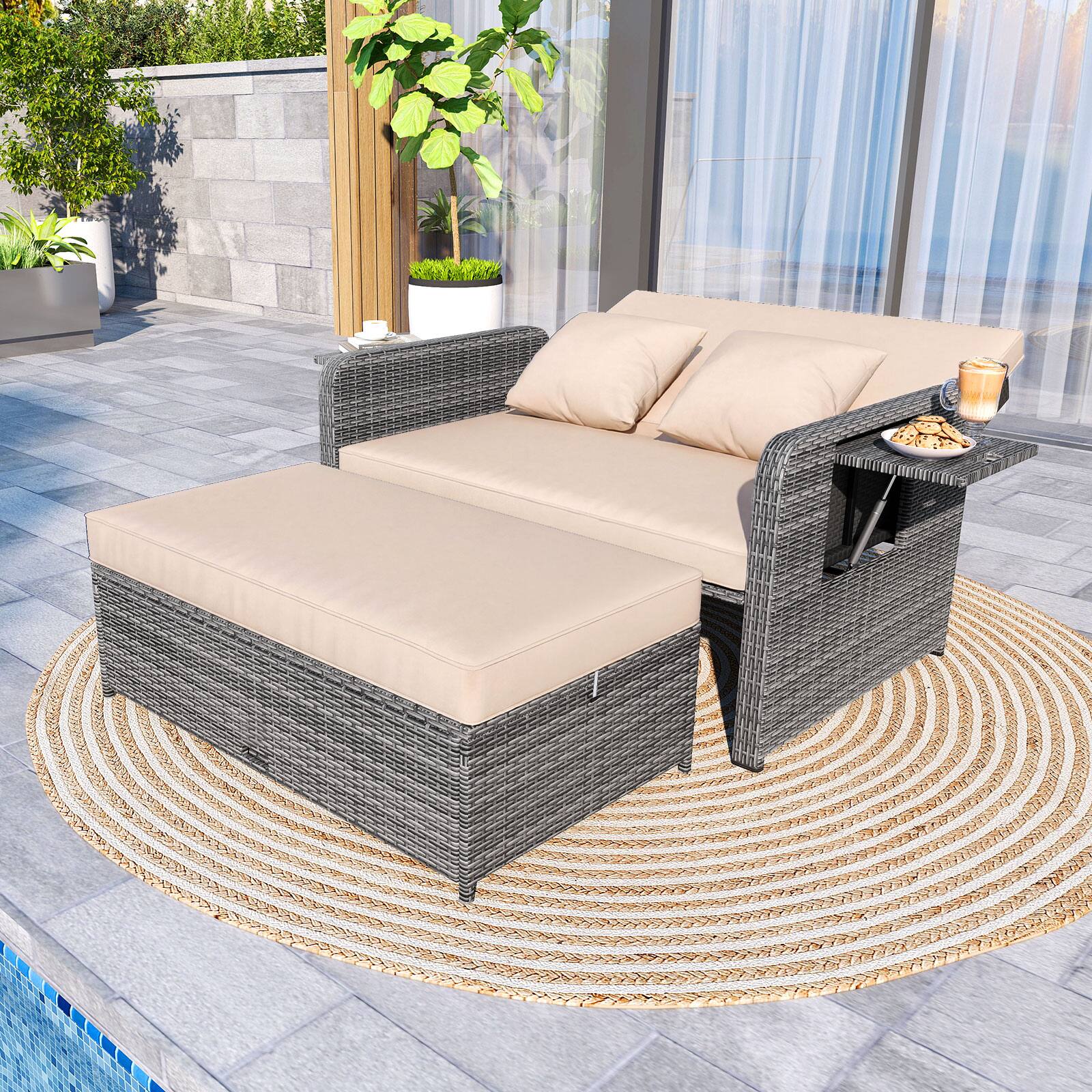 Alt View 4. Gymax - Gymax Rattan Daybed Wicker Loveseat Sofa Set w/ Ottoman & Retractable Side Tray Patio Brown - Brown.