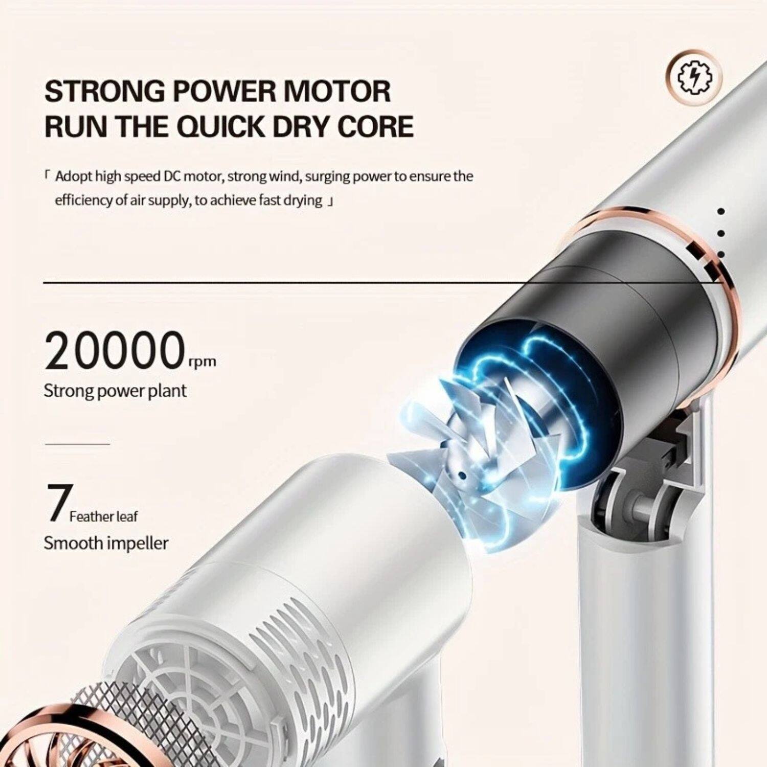 STRONG POWER MOTOR RUN THE QUICK DRY CORE

Adopt high speed DC motor, strong wind, surging power to ensure the efficiency of air supply, to achieve fast drying

20000 rpm
Strong power plant

7 Feather leaf
Smooth impeller