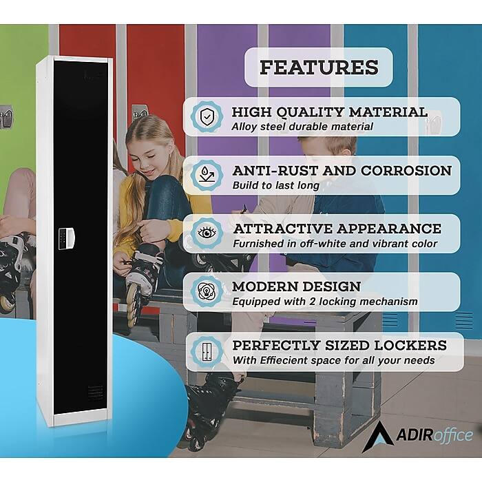 FEATURES
HIGH QUALITY MATERIAL
Alloy steel durable material
ANTI-RUST AND CORROSION
Build to last long
ATTRACTIVE APPEARANCE
Furnished in off-white and vibrant color
MODERN DESIGN
Equipped with 2 locking mechanism
PERFECTLY SIZED LOCKERS
With Efficient space for all your needs
ADIRoffice